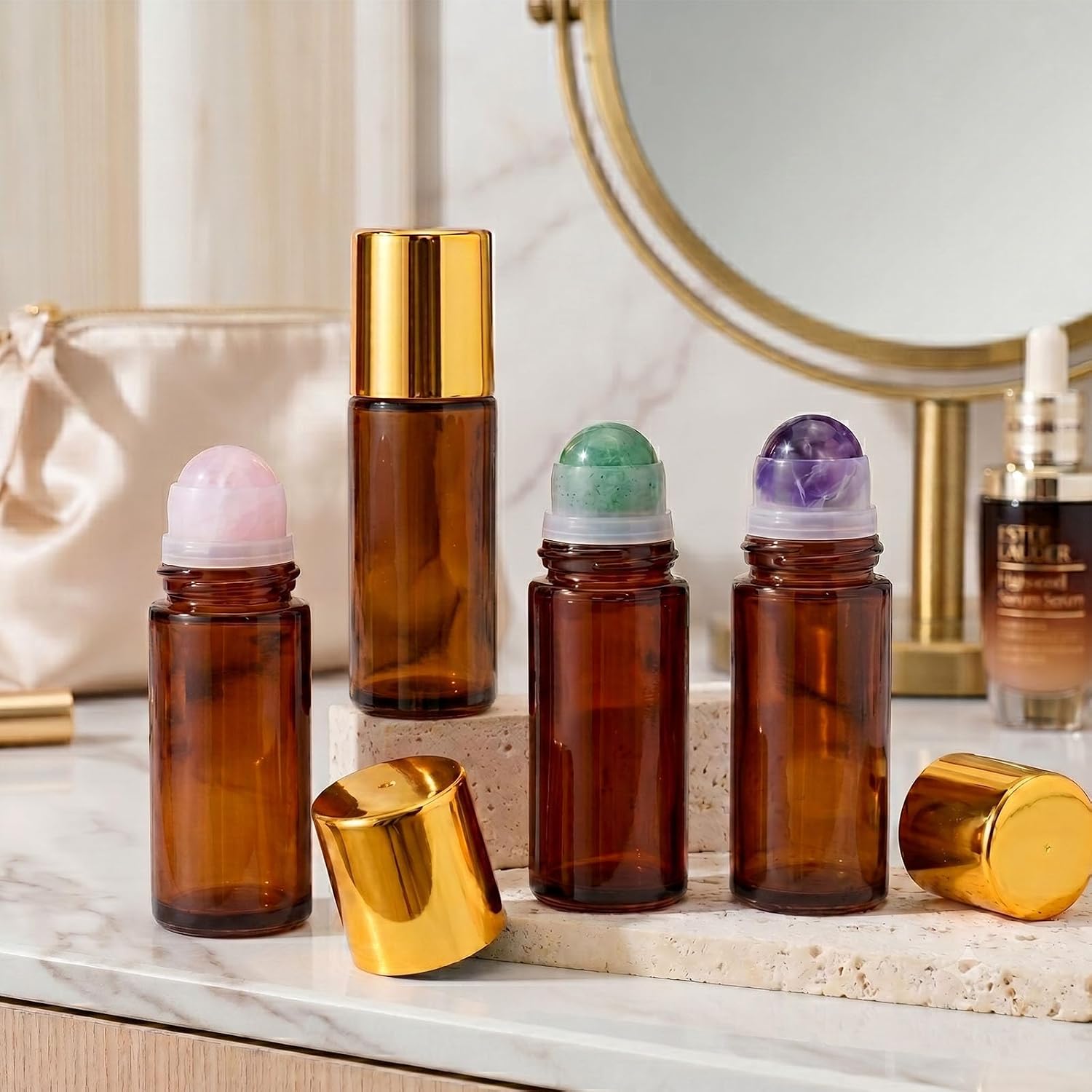 2 pack 50ML Amber Glass Roller Bottles with Rose Quartz Ball, Gold Cap