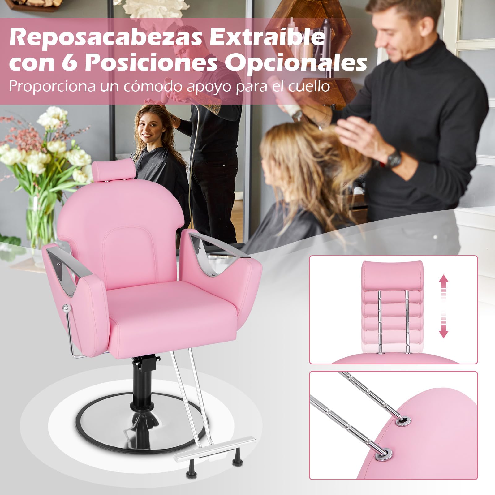 COSTWAY Silla de Peluquería Reclinable, Silla de Barbero Ajustable en Altura y 360°Giro, con Bomba Hidráulica, Esponja Densa y Base Metálica Estable, Ideal para Peluquería, Tatuajes y SPA (Rosa)