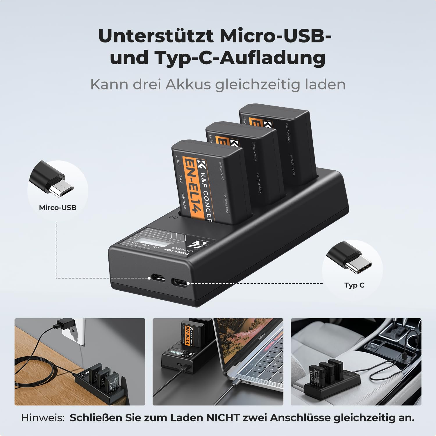 K&F CONCEPT 3er-Pack EN-EL14 EN -EL14a Akku und Upgrade-LCD-Ladegerät Kompatibel mit Nikon D5300 D5600 D5100 D5200 D5500 D3100 D3200 D3300 D3400 D3500 Coolpix P7000 P7100 P7200 P7700 P7800 Kameras