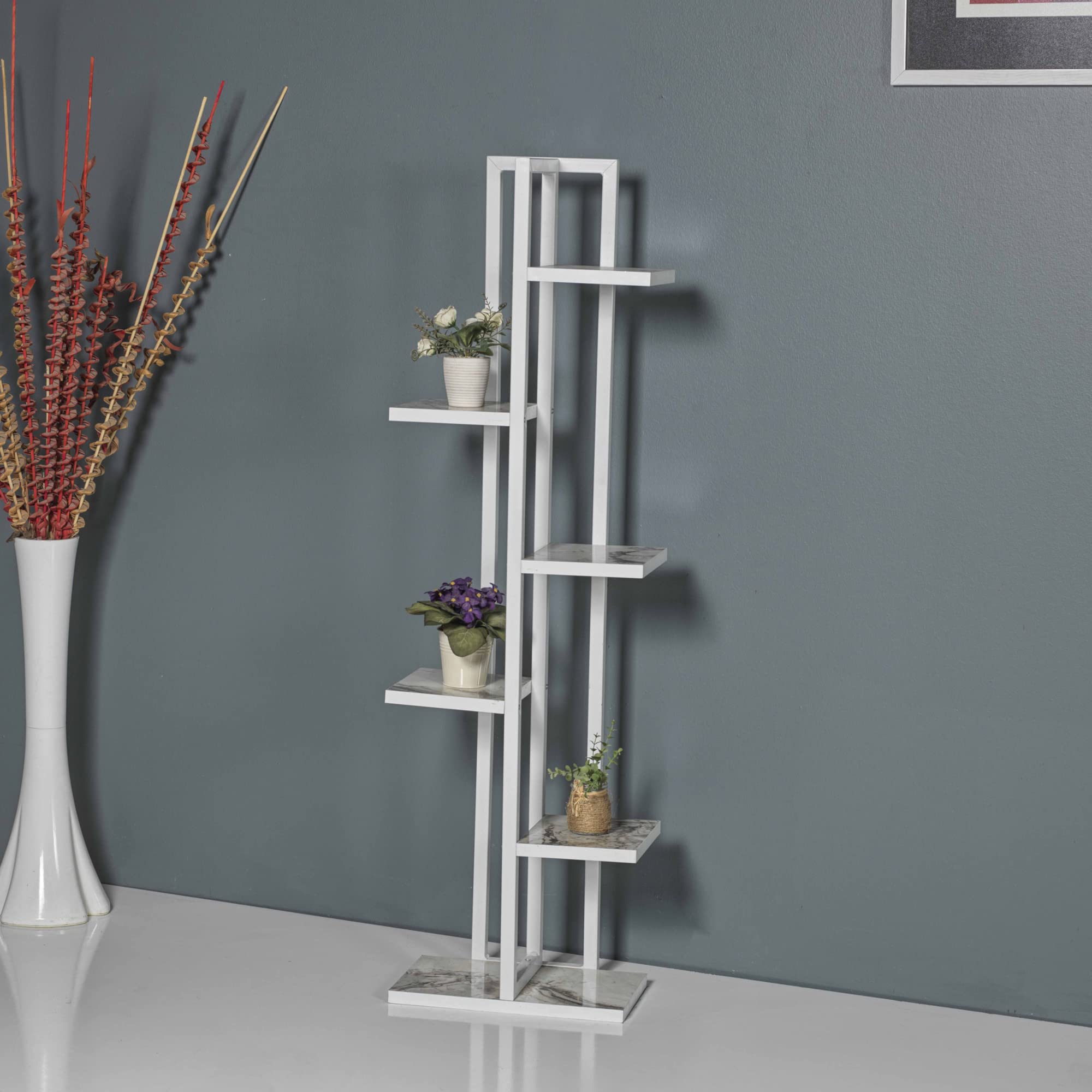 [en.casa] Scaffale Portapiante (AxLxP) 120 x 34 x 21 cm Mobile a Terra con Ripiani Portaoggetti Organizzatore per Piante - Bianco/Marmo Bianco