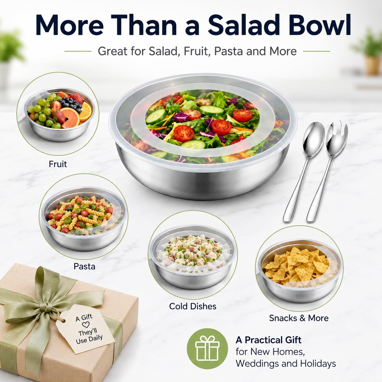 Ensaladera de acero inoxidable con tapa y cubiertos para ensalada, 32 cm, cuenco grande con cubierta transparente, juego de cuencos para servir con cuchara de ensalada y tenedor de ensalada