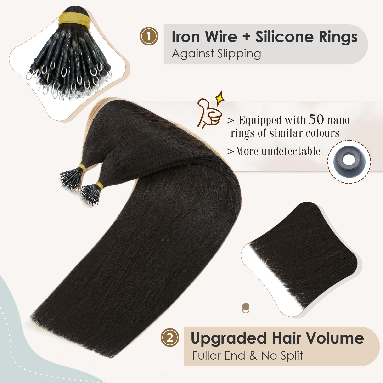 Elailite Nano Hair Extensions Real Human Hair 50 Strands 50g with Nano Ring Beads Cold Fusion Straight (#1B Natural Black, 24 Inch) - Image 3