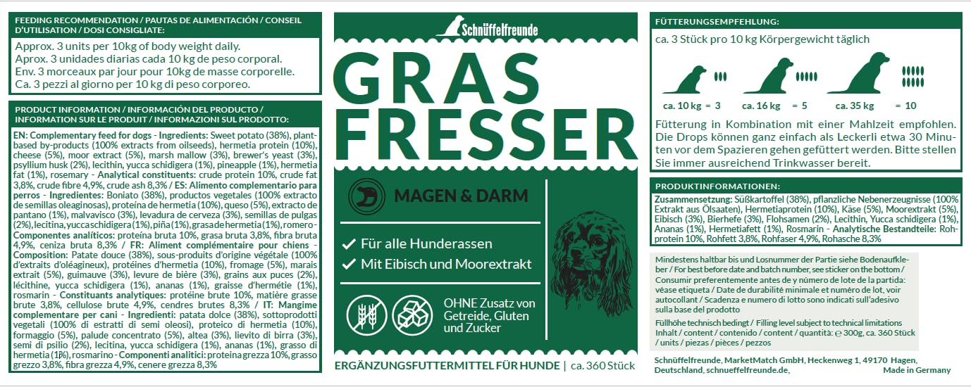 Grasfresser Drops I Suppléments digestifs pour Chiens en Mangeant de l'herbe I Comprimés pour Le Soutien digestif I Complément nutritionnel pour Chiens I Fabriqué en Allemagne (300g)