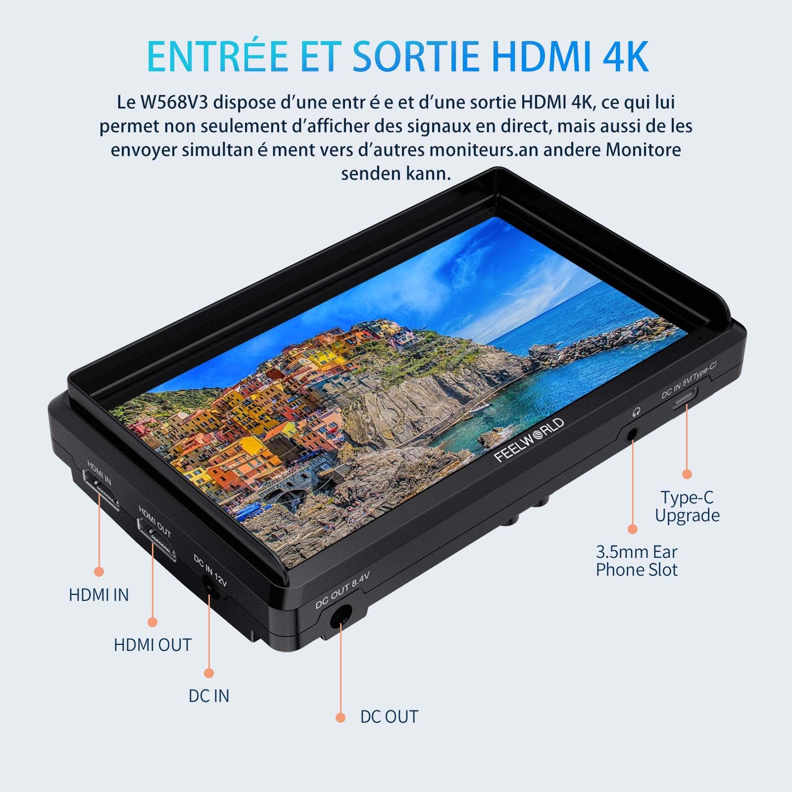 FEELWORLD FW568PRO Moniteur de Caméra 6 Pouces Écran IPS 1200Nits 1920x1080 Full HD Entrée/Sortie 4K HDMI avec 3D LUTs Vecteurscope Focus Peaking avec Pare-Soleil pour Appareil Photo DSLR et Gimbal