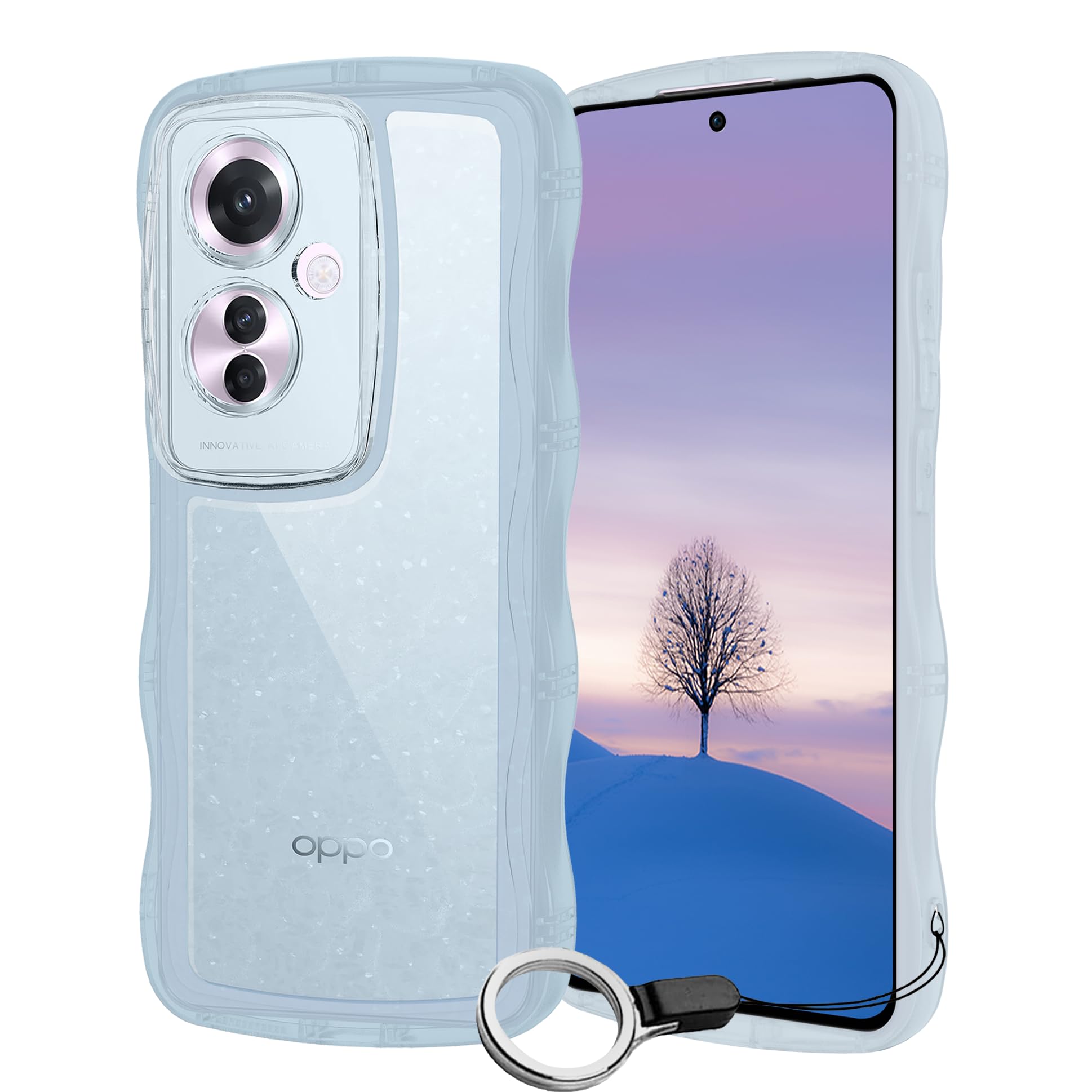 OPPO Reno11 A ケース ブルー ウェーブ TPU波状のバンパー 半透明 スマホケース かわいい うねうね オッポ Reno11A ウェーブ デザイン 可愛い 韓国 女性用 薄型 人気 おしゃれ 耐衝撃 ストラップホール付き(ブルー)