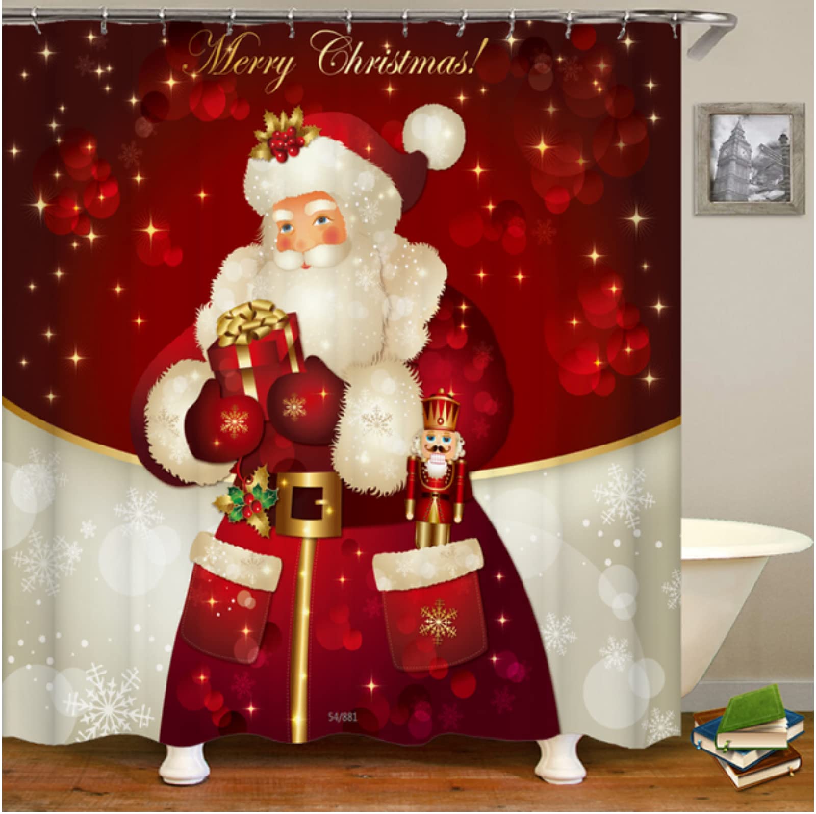 père NoëlShower CurtainHome Bath Bathtub Decor Decoration Customizable Durable Waterproof Fabric Machine Washable with 12 Hooks