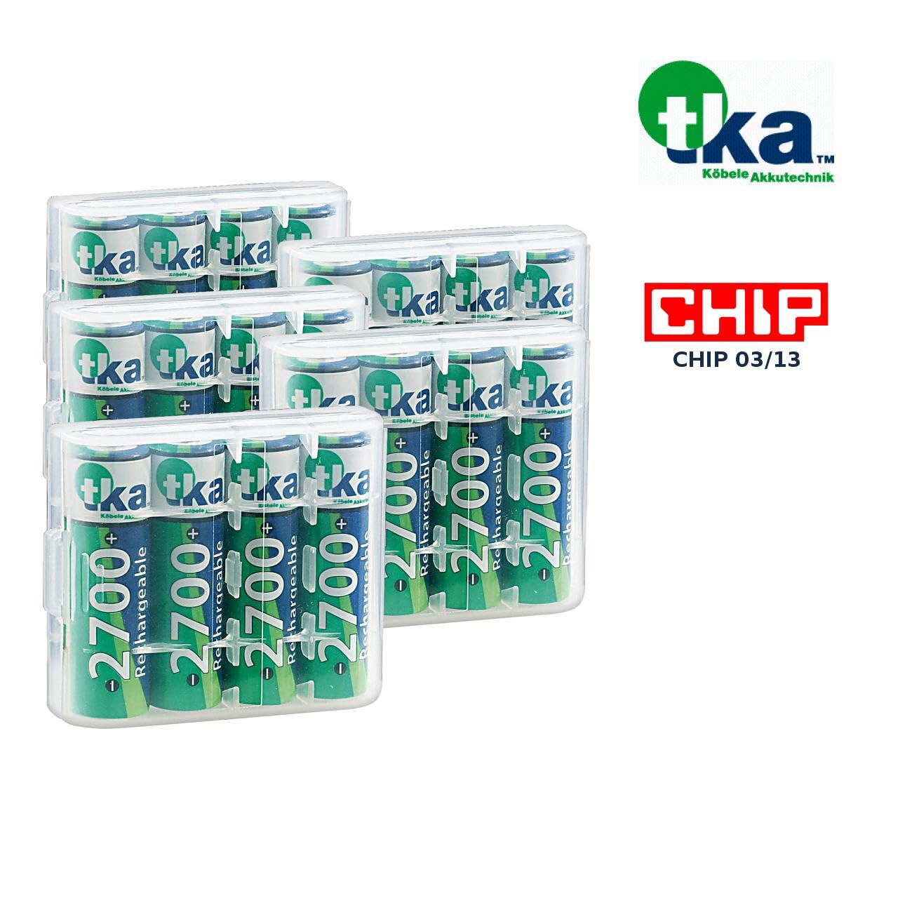 tka Köbele Akkutechnik Batterien AA: 20er-Set NiMH-Akkus Typ AA/Mignon, 2.700 mAh, mit Aufbewahrungs-Box (Mignon Akku, Batterien wiederaufladbar, Batterie)