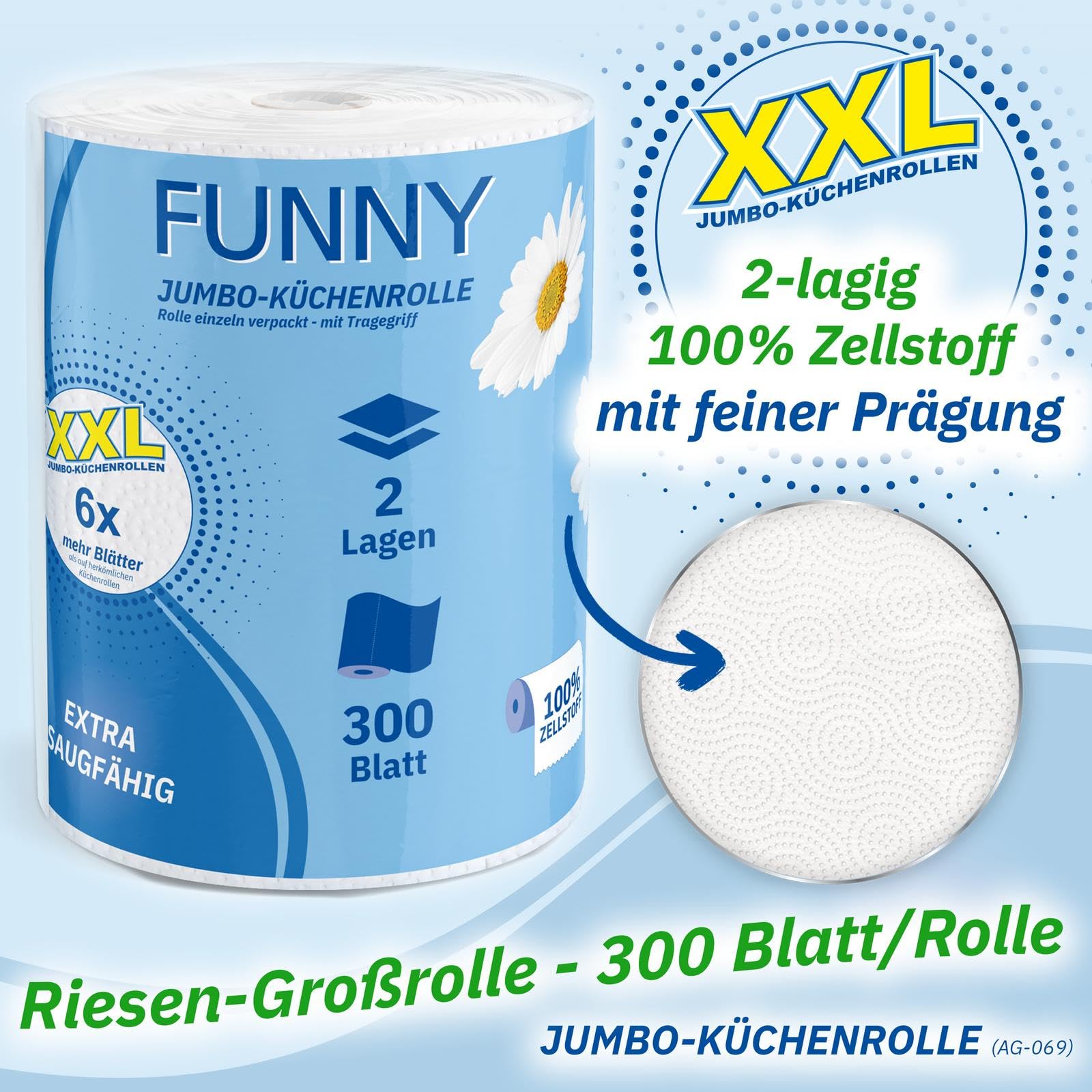 Funny Jumbo-Küchenrolle XXL 6 Rollen | 2-lagig, 100% Saugstarker Zellstoff, 300 Blatt pro Rolle | Vorteilspack mit Tragegriff, 22,4 x 21 cm | Ideal für Küche, Bad & Haushalt