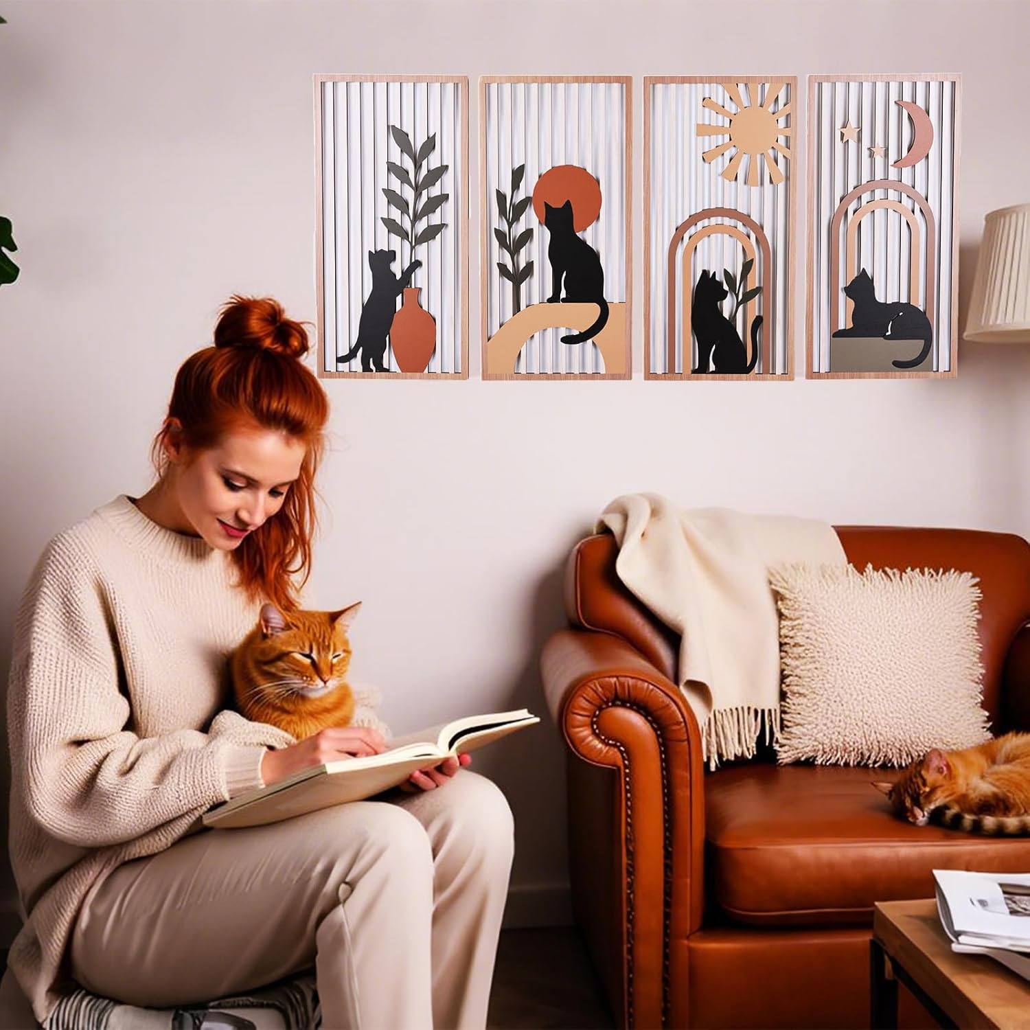 SHENGTIAN 4 Piece Unique Wall Art Set, Aesthetic Cat Art - Geometric Boho Wood Art, Black/Funny Cat Prints, Mid Century Modern Style, for Farmhouse/Office/Bedroom/Living Room, Narrow Vertical Design