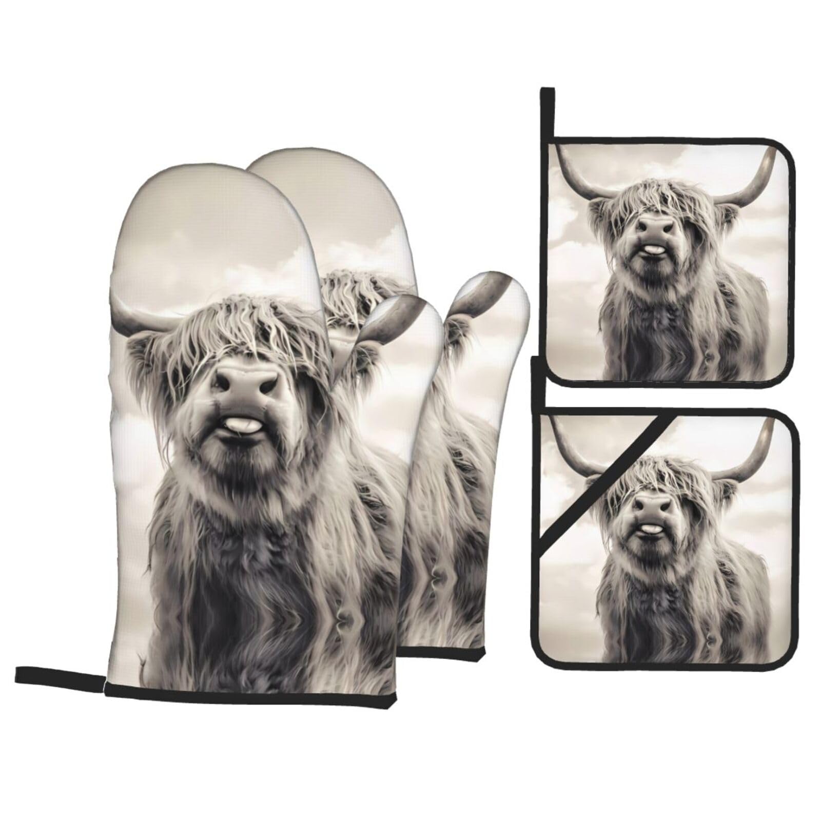 HJFCZH Funny Highland Cow Prints Kitchen Throw Set: Durable Oven Layers with Waterproof Polyester – 4 Piece Heat Protection System