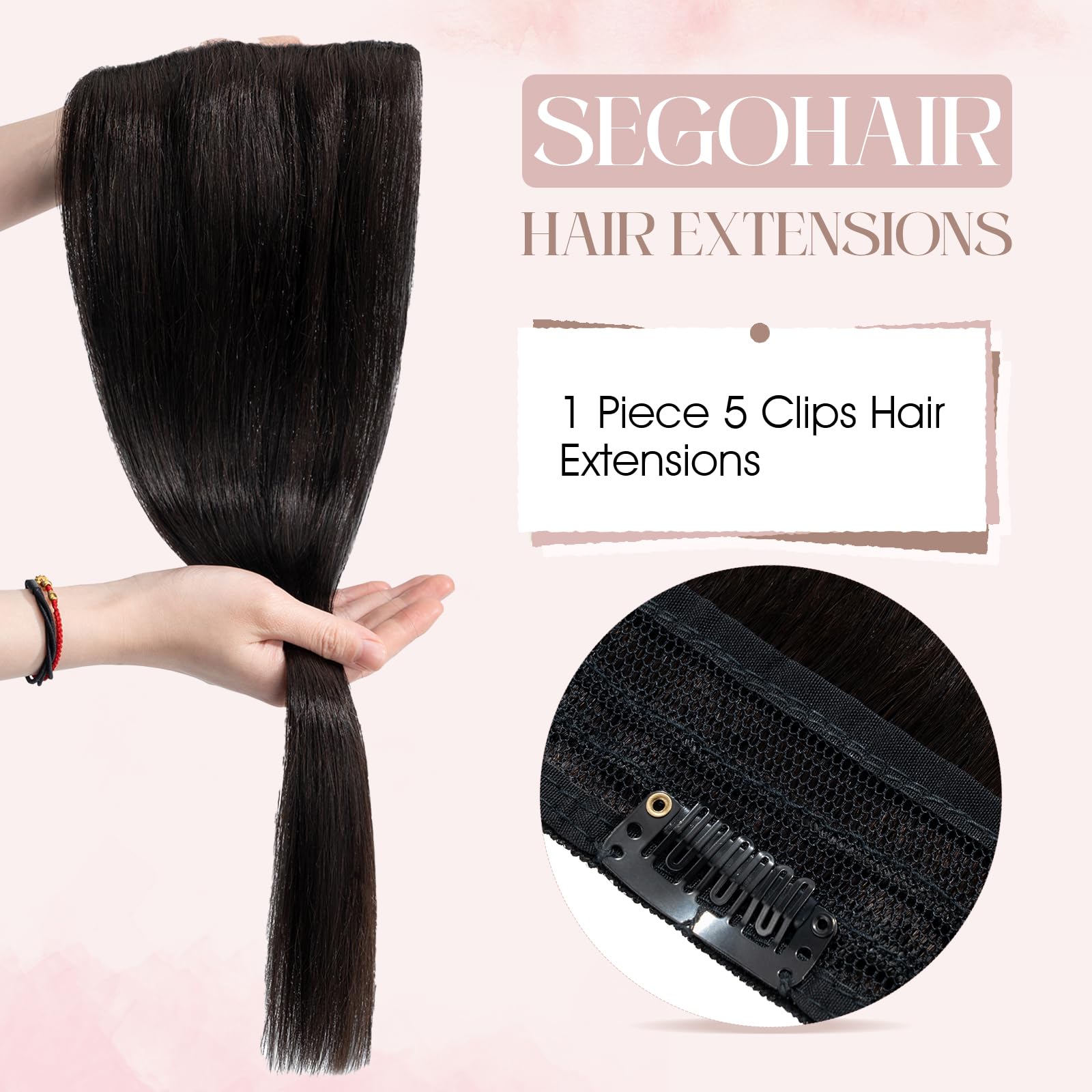 SEGOHAIR Clip in Hair Extensions Real Human Hair, 12" Hair Extensions Clip in One Piece 5 Clips Remy Seamless (40g) Natural Black - Image 2