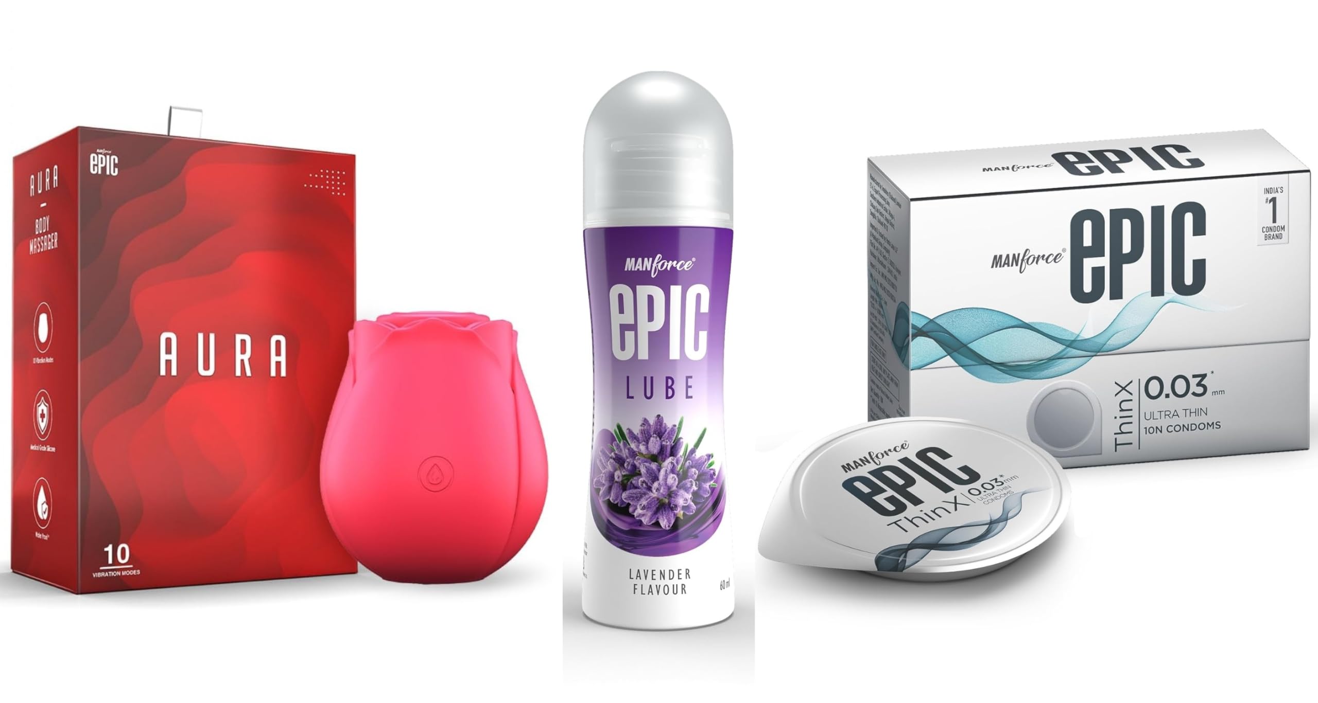Manforce Epic Aura Massager | 10 Vibration Modes,Epic Lube | Lavender | 60ml | Water-based & Epic ThinX | Ultra Thin Condoms with Easy Peel Pack | 10 Pcs-image-45