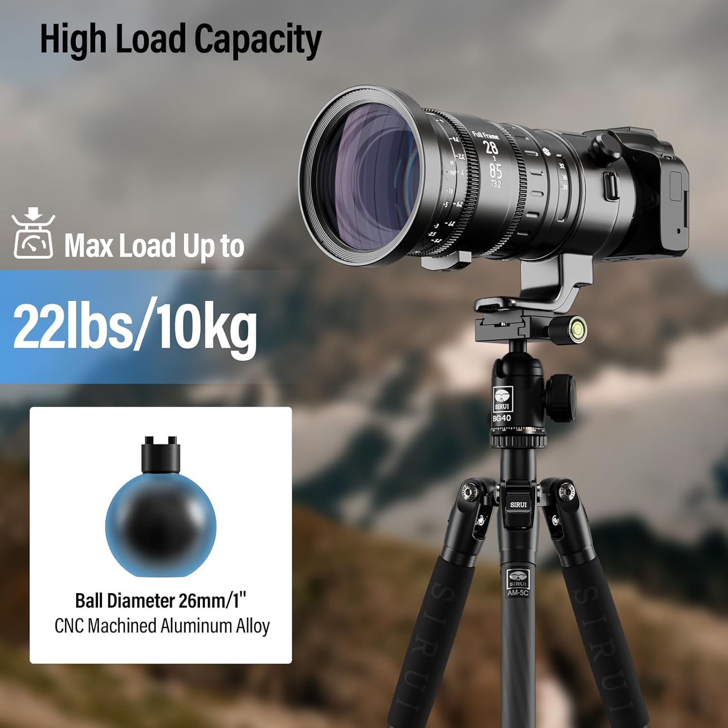 Image showing a camera with a large lens mounted on the SIRUI BG-40 Ball Head, emphasizing its high load capacity of up to 22lbs/10kg and the 26mm ball diameter made of CNC machined aluminum alloy.