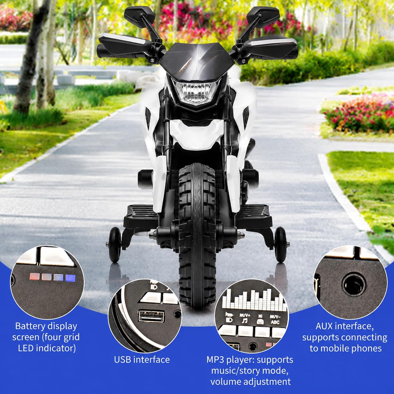 Garvee Moto Elettrica per Bambini 6V con Ruote Stabilizzatrici | Fari LED, Musica, MP3, USB, Batteria 6V4Ah, Velocità 3-8 km/h, Carico 30 kg, per Bambini 3-6 Anni, 85x42x58 cm, Bianco