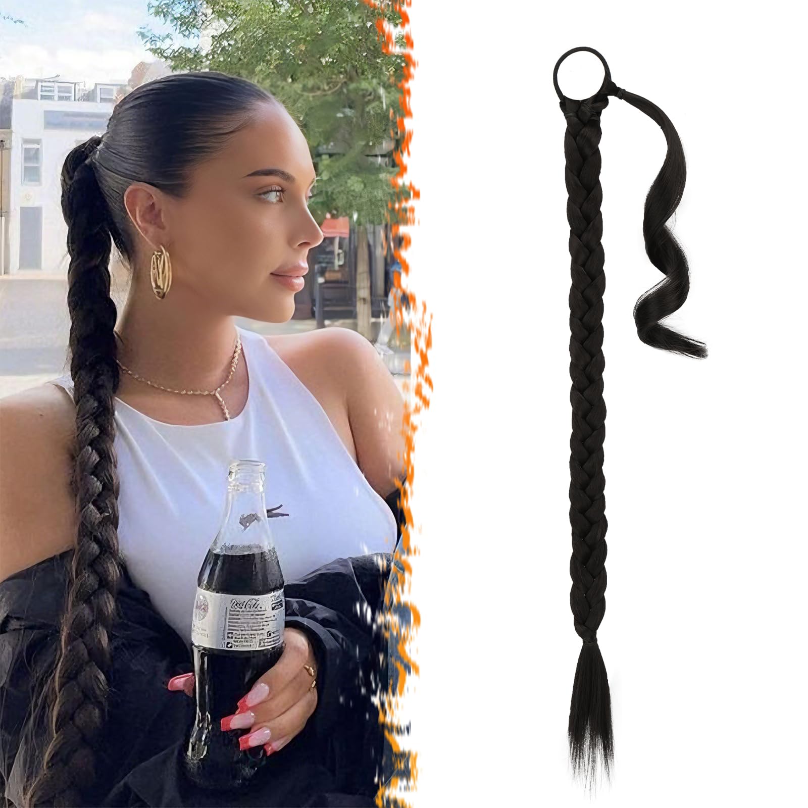 BARSDAR 26 Inch Long Braided Ponytail Extension with Hair Tie Straight Wrap Around Hair Extensions Pony Tail DIY Natural Soft Synthetic Hairpiece for Women -Natural Black