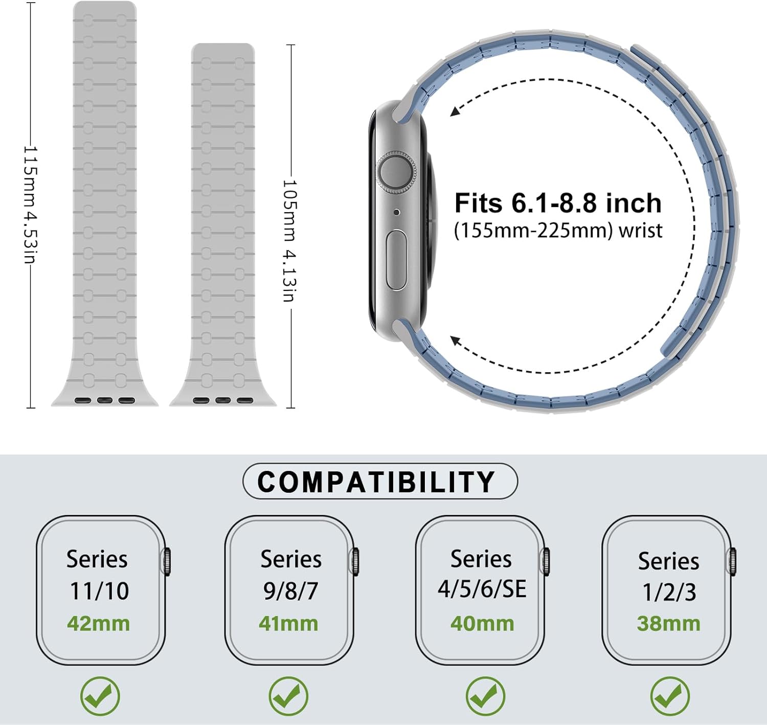 Amizee Magnetic Bands Compatible with Apple Watch Band 49/46/45/44/42/41/40/38mm Women Men, Sport Silicone Strap for iWatch Ultra 3/2/1 Series 11 10 9 8 7 6 5 4 SE3/2/1 (42/41/40/38, Gray Blue) - Image 6