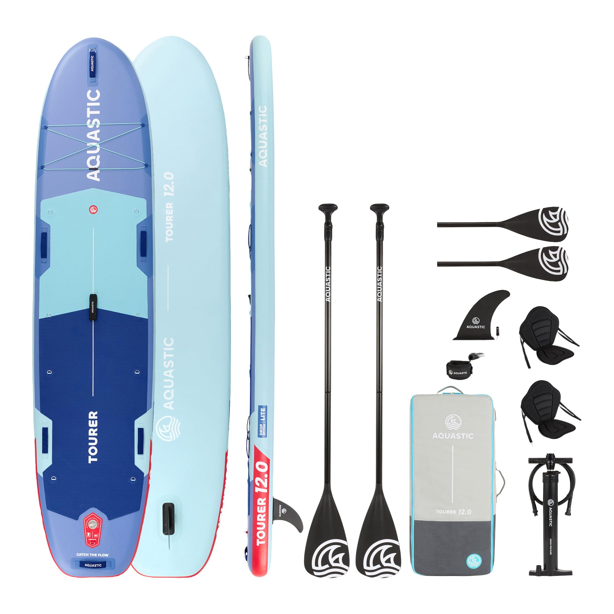 AQUASTIC Tourer nadmuchiwana deska SUP 12'0″ | Allround Touring | 365 x 86 x 15 cm | pojemność skokowa 410 l | 2 miejsca kajakowe | technologia Drop Stitch Lite | maksymalne obciążenie 200 kg