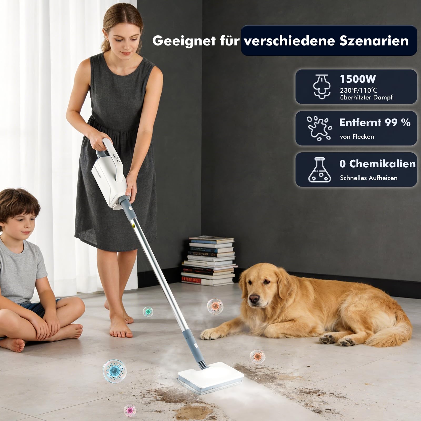 Mop parowy 10 w 1, 1500 W, ze zdejmowanym urządzeniem ręcznym, zbiornik na wodę 350 ml, czas nagrzewania 10 sekund, do parkietu, płytek, fug, kuchni i łazienki