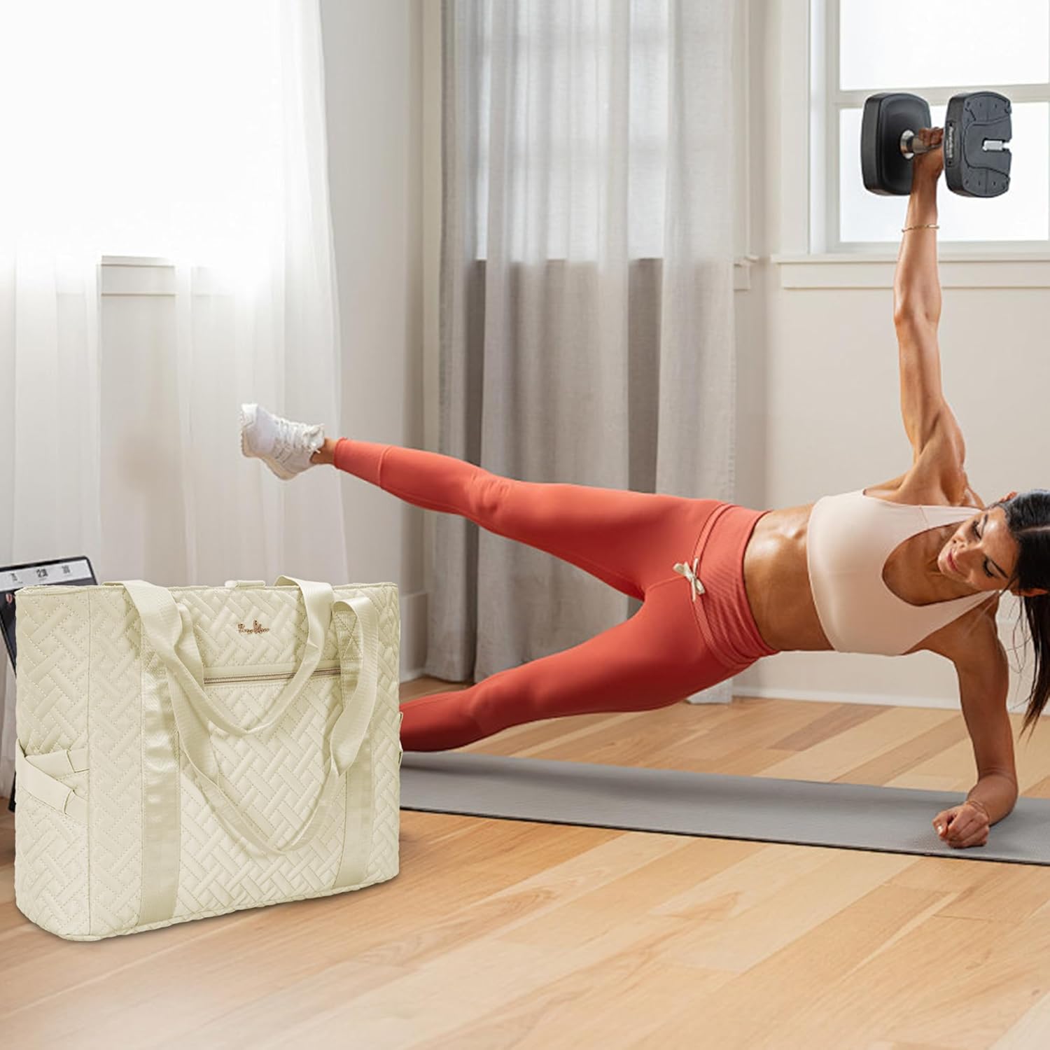 Tote Bag For Women, Checkered Zipper Laptop Shoulder Bag, Gym Tote Bag with Yoga Mat Bag, for Gym, Work, Travel, Shop - Image 2