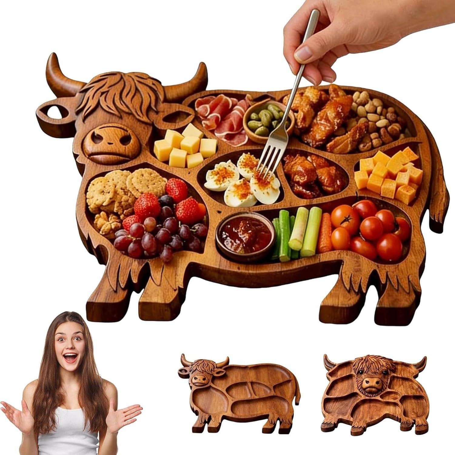 WOMGKDA Highland Cow Wooden Charcuterie Board, Unique Serving Tray with Compartments, Farmhouse Style Appetizer Platter for Cheese, Meat, Fruit & Snacks, Durable Hardwo, #02