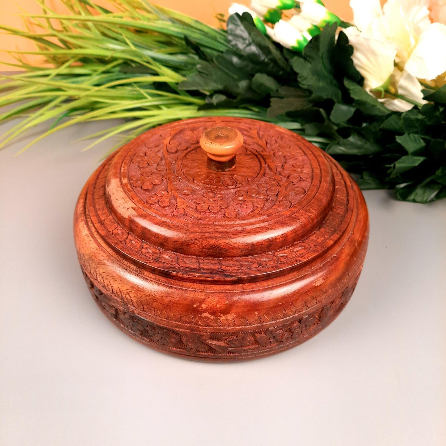 Decorative Wooden Dry Fruit Box with 4 Compartments, Carved Spice Container with Lid, 7 Inch Round Storage Bowl Pack 1