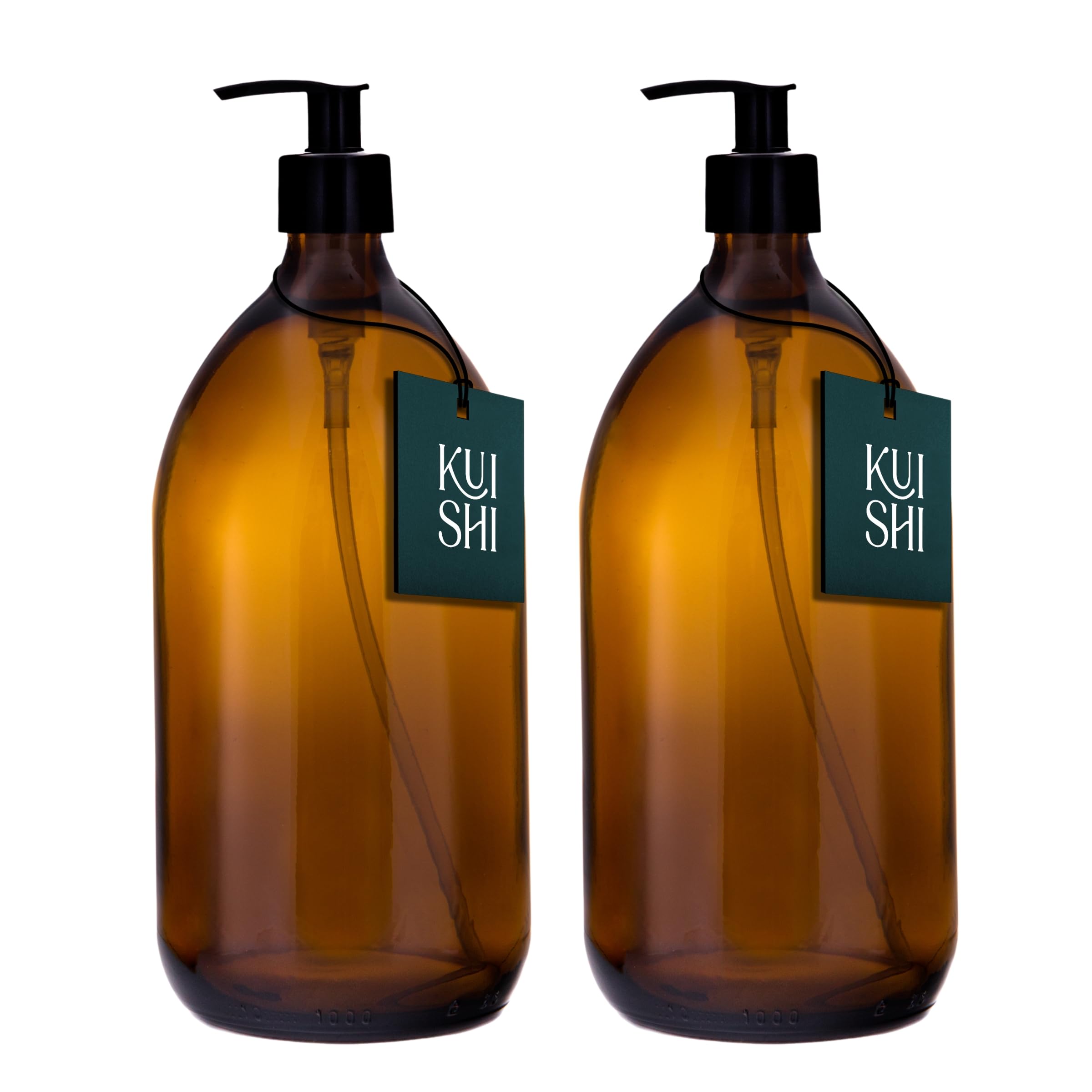 Kuishi Amber 1000Ml Glass Soap Dispenser With Black Plastic Pump - Pack Of 2 Refillable Bpa-Free Hand Soap Dispenser For Kitchen & Bathroom,