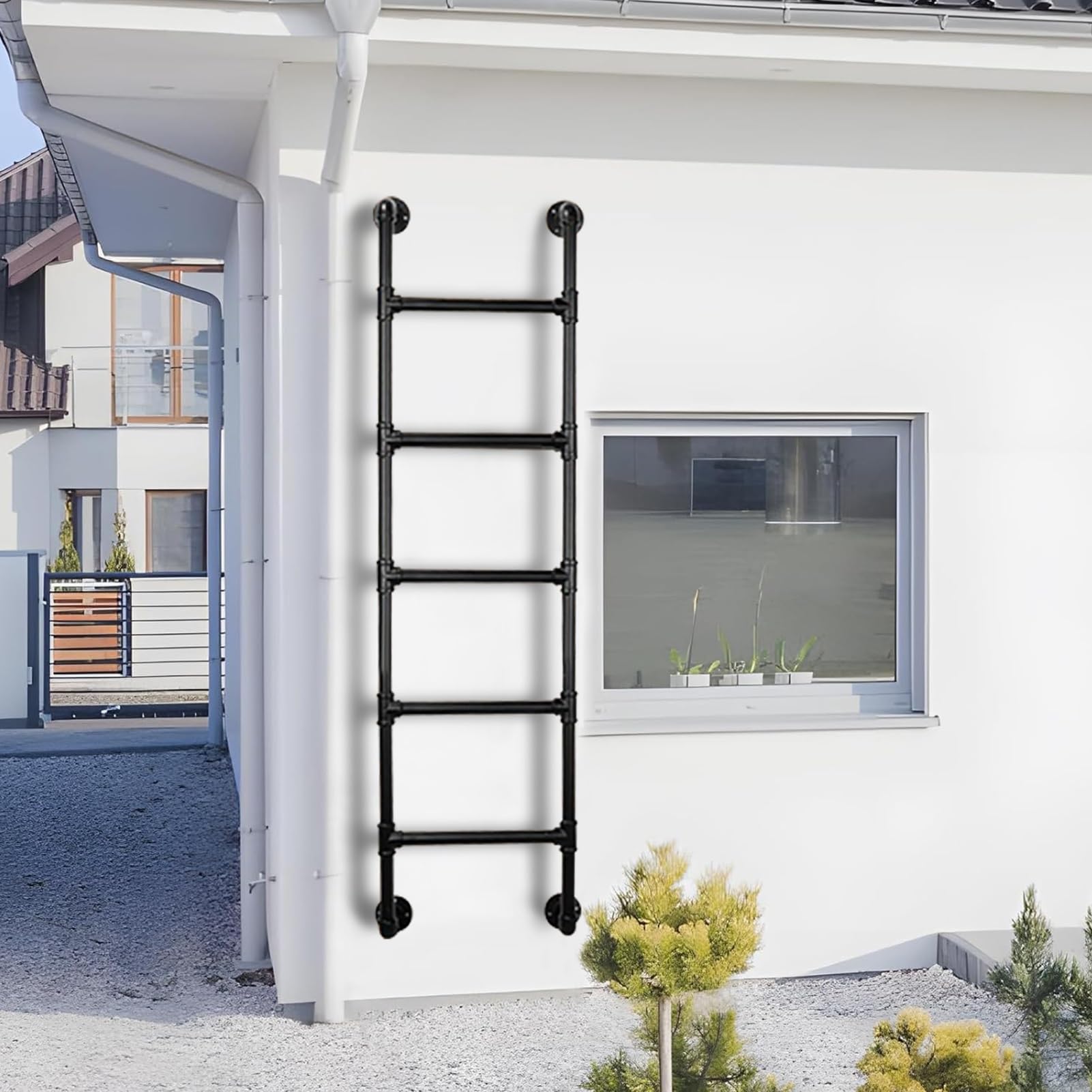 Scala di sicurezza per esterni con montaggio a parete - Scala di emergenza in ferro battuto per finestre da 100cm a 300cm - Scala di risalita per soffitta nera per camper, appartamenti, terrazze(143cm