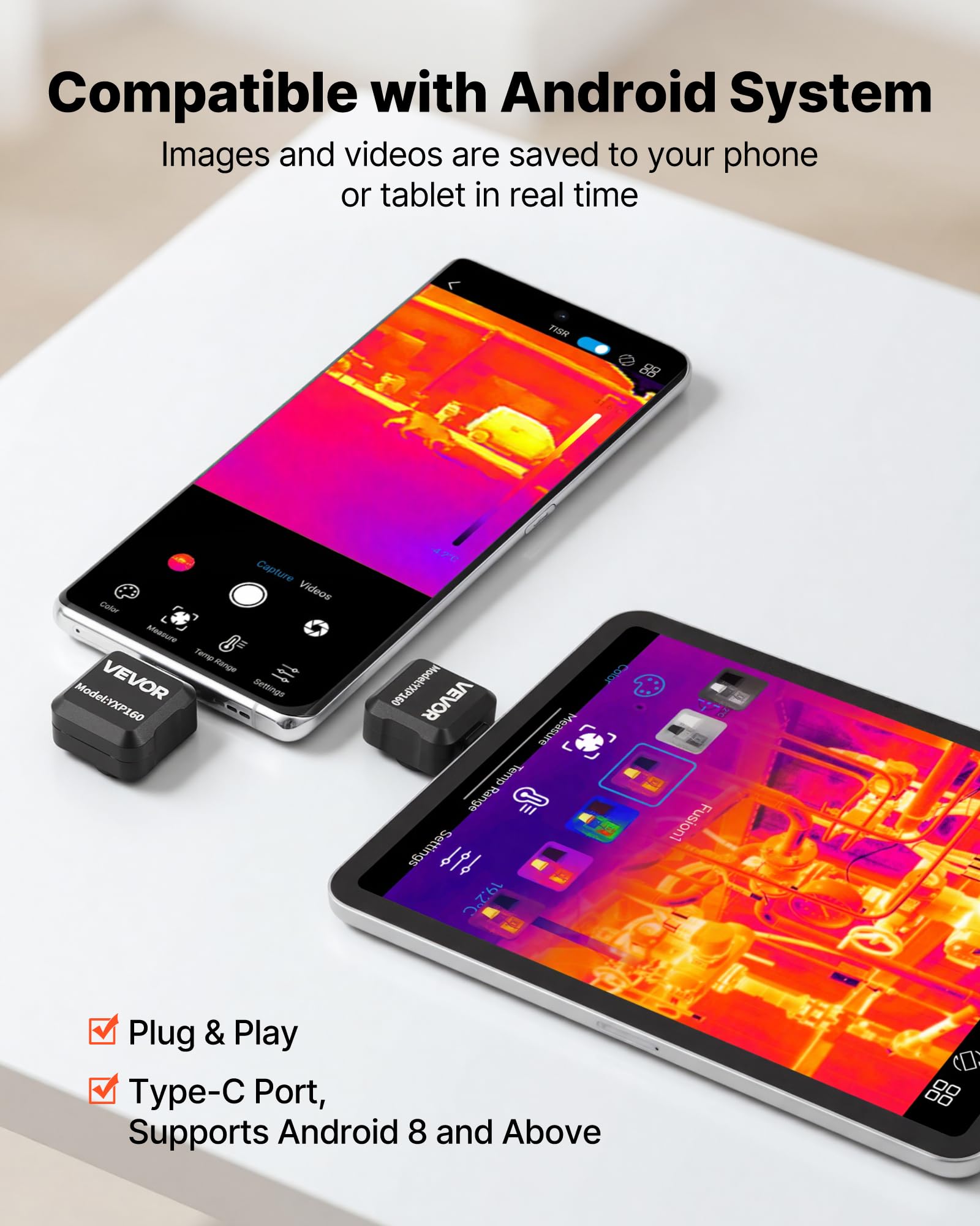 VEVOR Kamera termograficzna dla systemu Android, rozdzielczość IR 160x120, kieszonkowa kamera na podczerwień do smartfonów i tabletów, rozdzielczość TISR 320x240, 25Hz, -20°C do 550°C, 15 palet