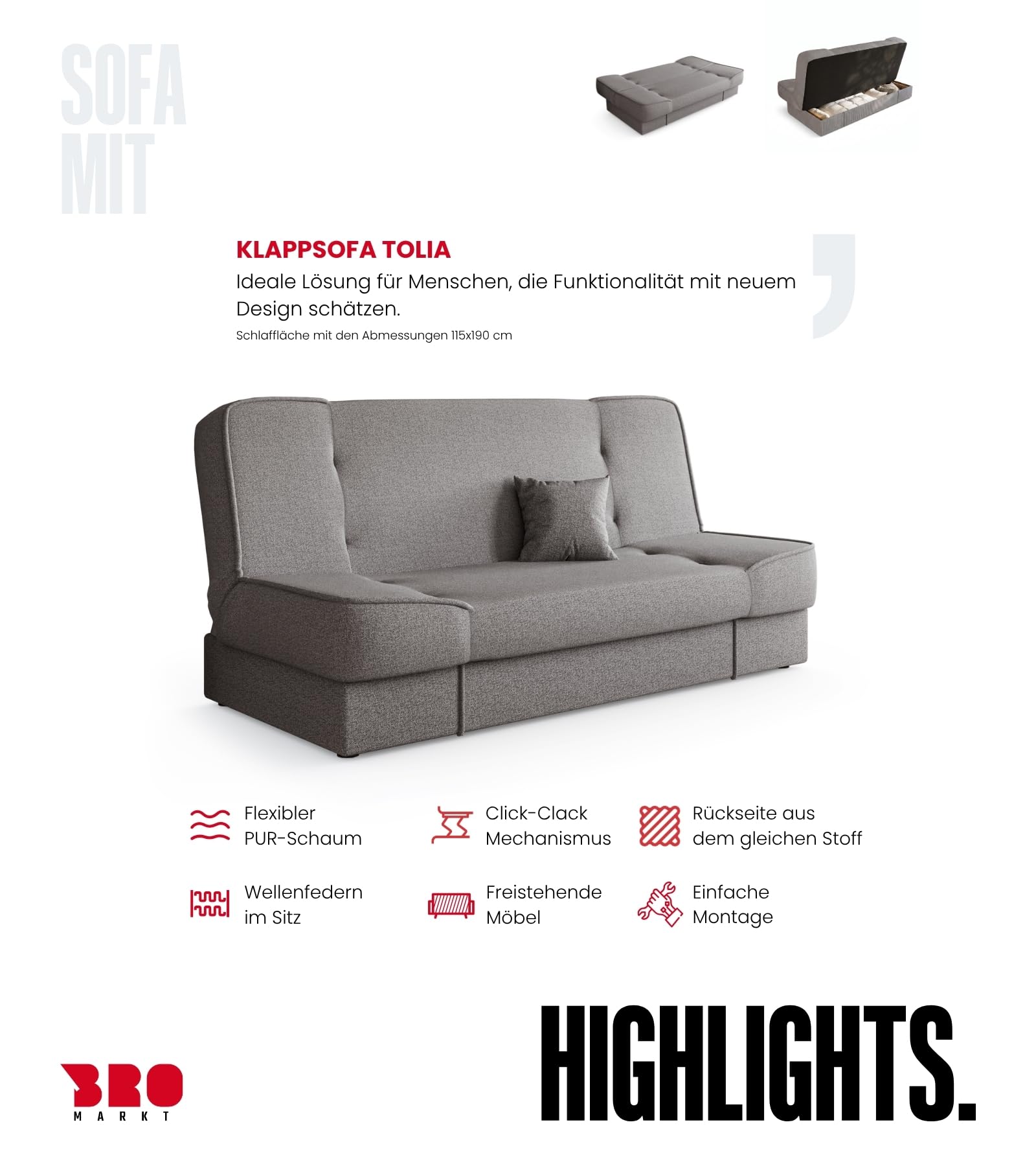 BROMARKT Schlafsofa mit Bettkasten Hellgrau 192x85x93 cm Couch mit Schlaffunktion 190x115 cm Sofa Bed Schlafcouch für Wohnzimmer Wohlandschaft Klappsofa mit 1 Kissen TOLIA