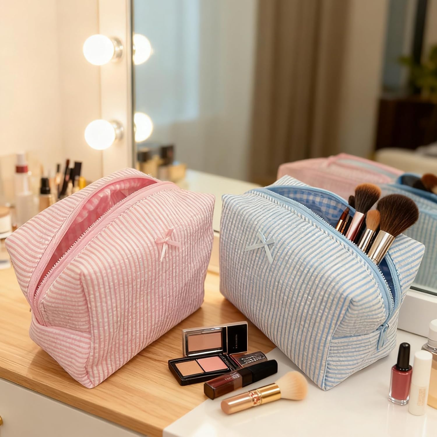10 Pcs Cotton Quilted Makeup Bags Bulk-Easter Basket Gifts Bulk Bow Stripe Cosmetic Bags Coquette Aesthetic Makeup Pouch with Zipper Travel Portable Bag Preppy Gifts for Women (Blue 5pcs+Pink 5pcs)