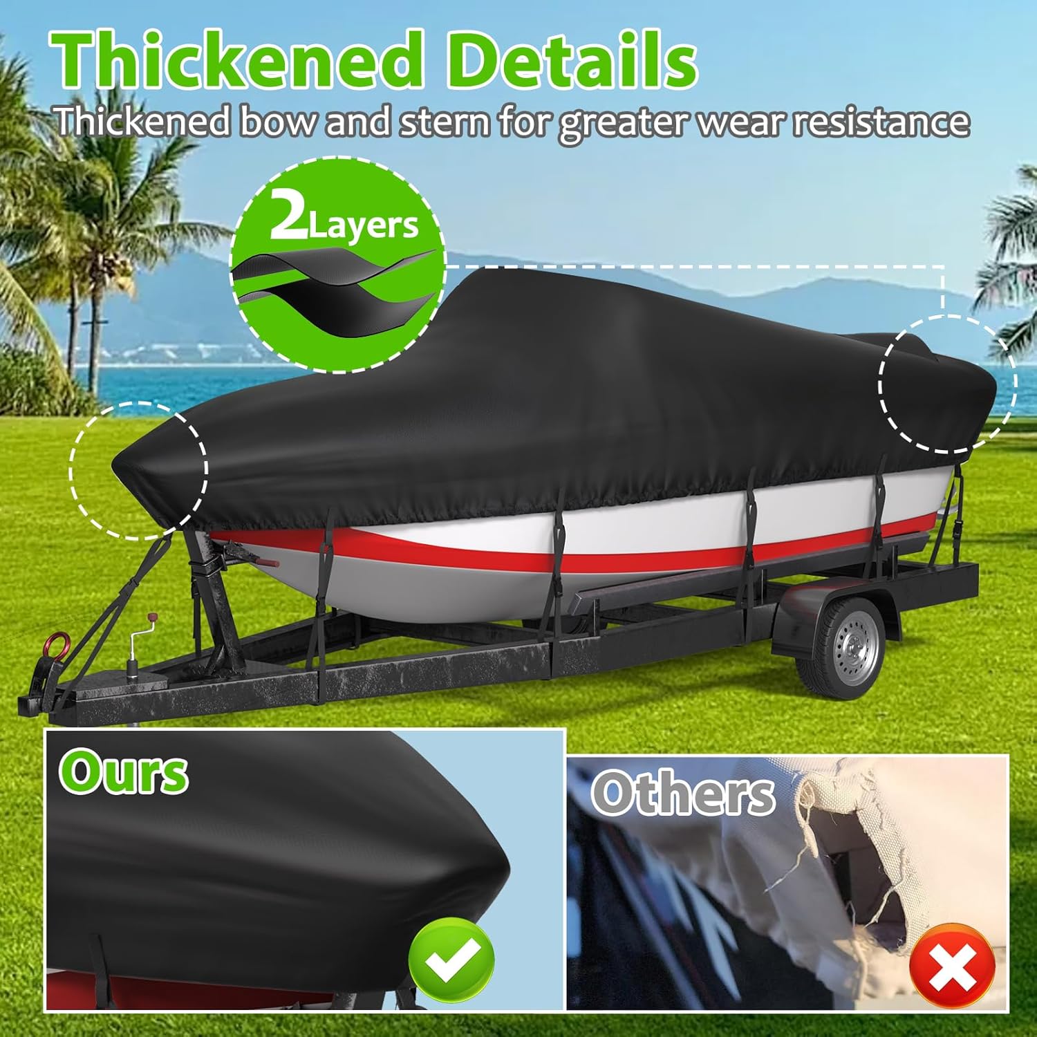 17-19ft Boat Cover, 600D Oxford Anti-UV & Waterproof Boat Cover for V-Hull, Tri-Hull, Runabout, Fishing Boat with 12 Tie-Down Straps, Storage Bag, Black
