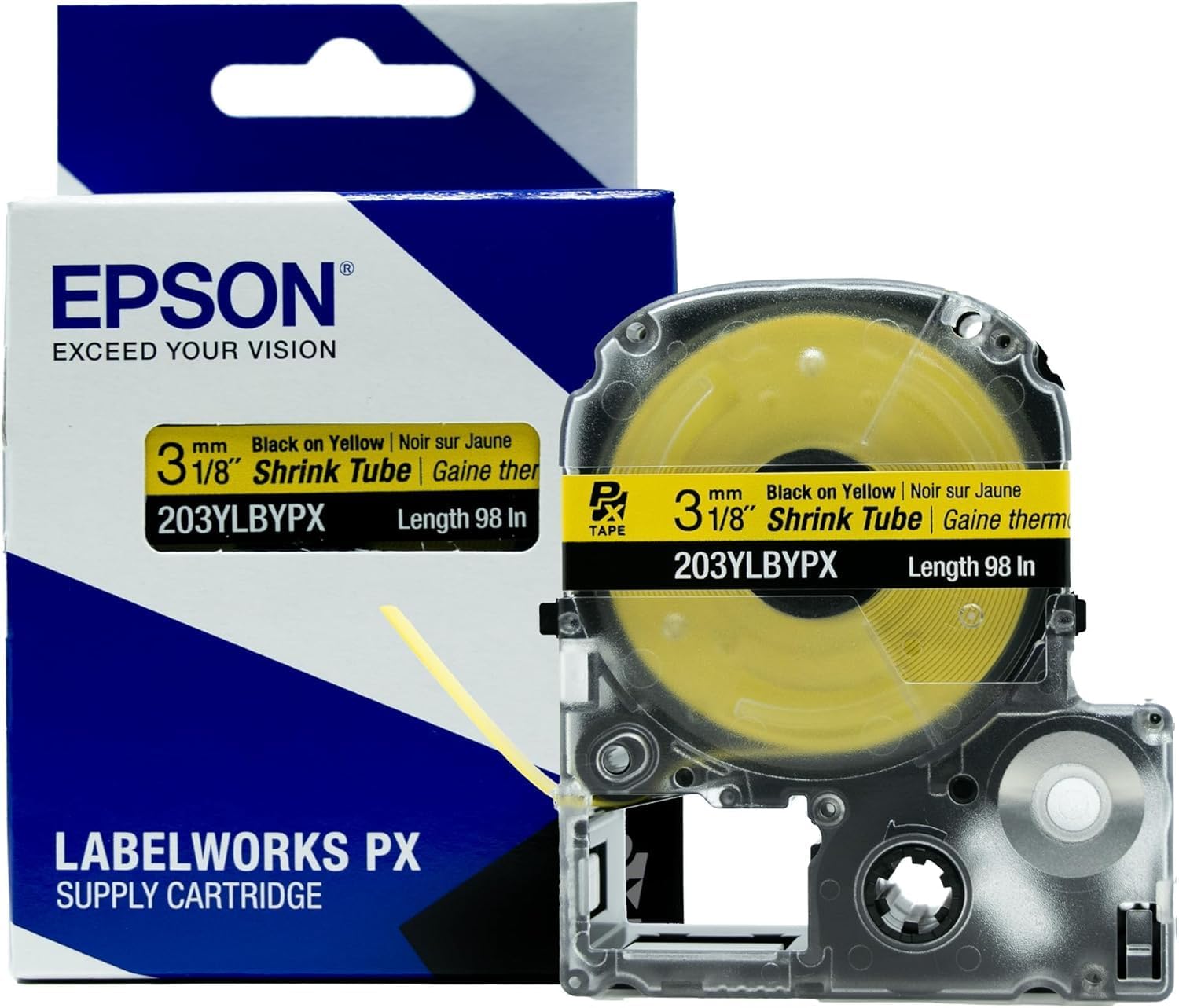 Epson LABELWORKS 203YLBYPX-5PK Genuine Tape Cartridge - 5 Unit Pack of Black on Yellow Shrink Tube Industrial Label Maker Tape - AWG 16-22, 1/8" (3MM) Wide, 8 ft (98") - 5 Pack