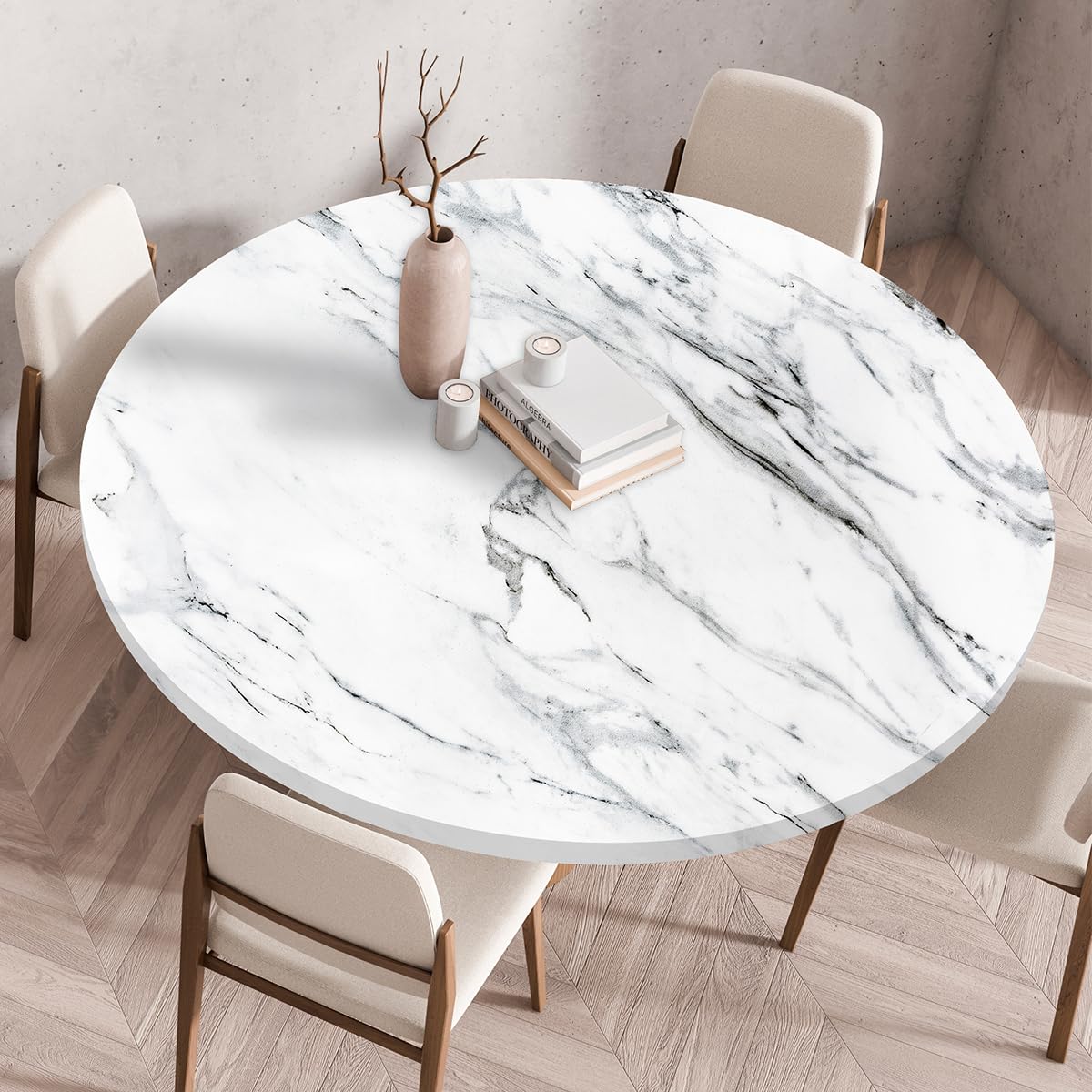 Highdi Mantel Antimanchas Redondo 100 cm, Ajustable Mármol Manteles de Mesa Impermeables Efecto Loto, Exterior Manteles para Jardín Restaurante, Ideal para 90cm-95cm