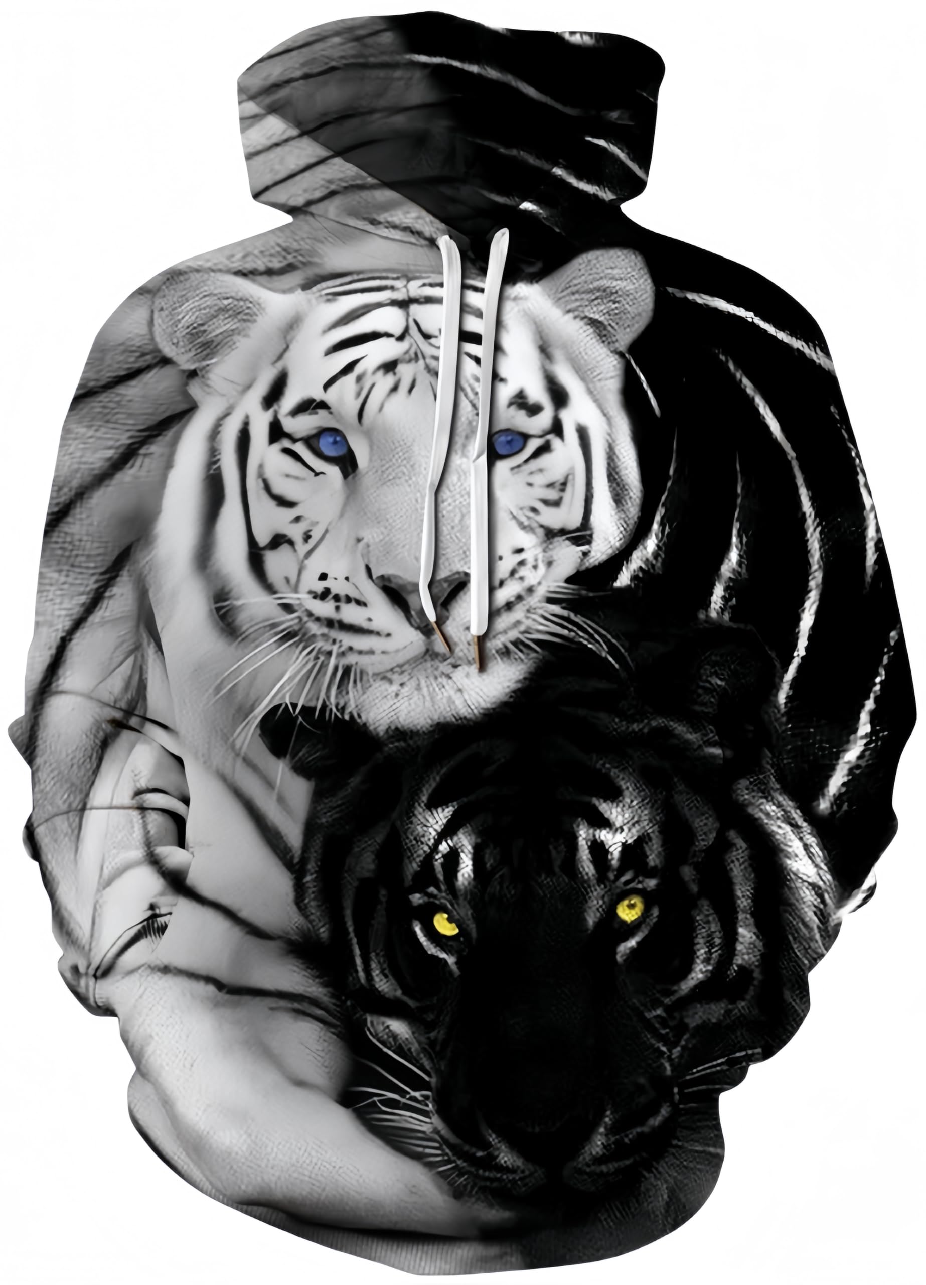 Ocean Plus Men's Hooded Pullover Long Sleeve Pullover Wolf Tiger Hooded Hoodie (XXL/3XL (Chest: 126-146CM), Black and white double tiger)