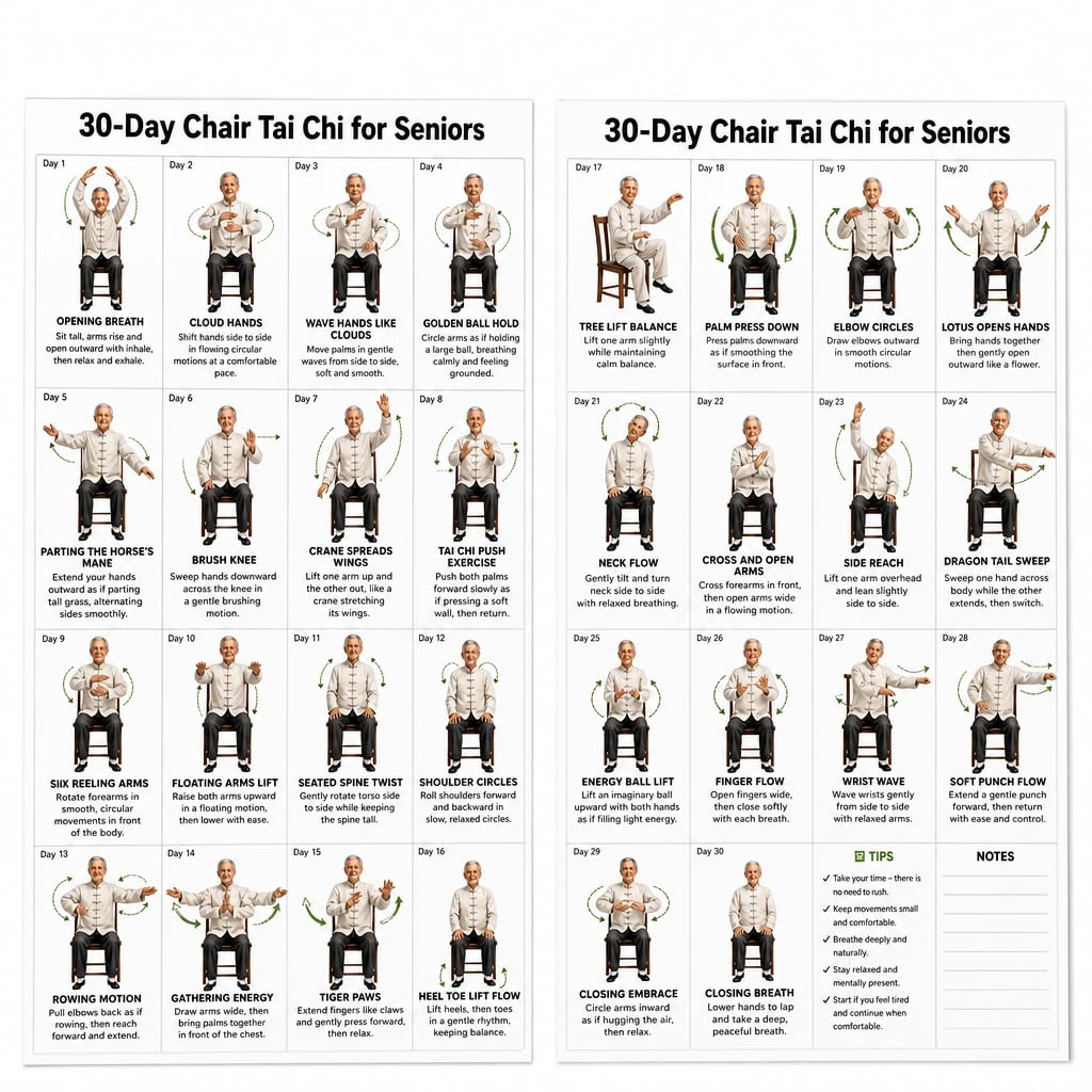 WNXBFO 2Pcs Tai Chi Chair Exercise Chart for Seniors Seated Workout Poster