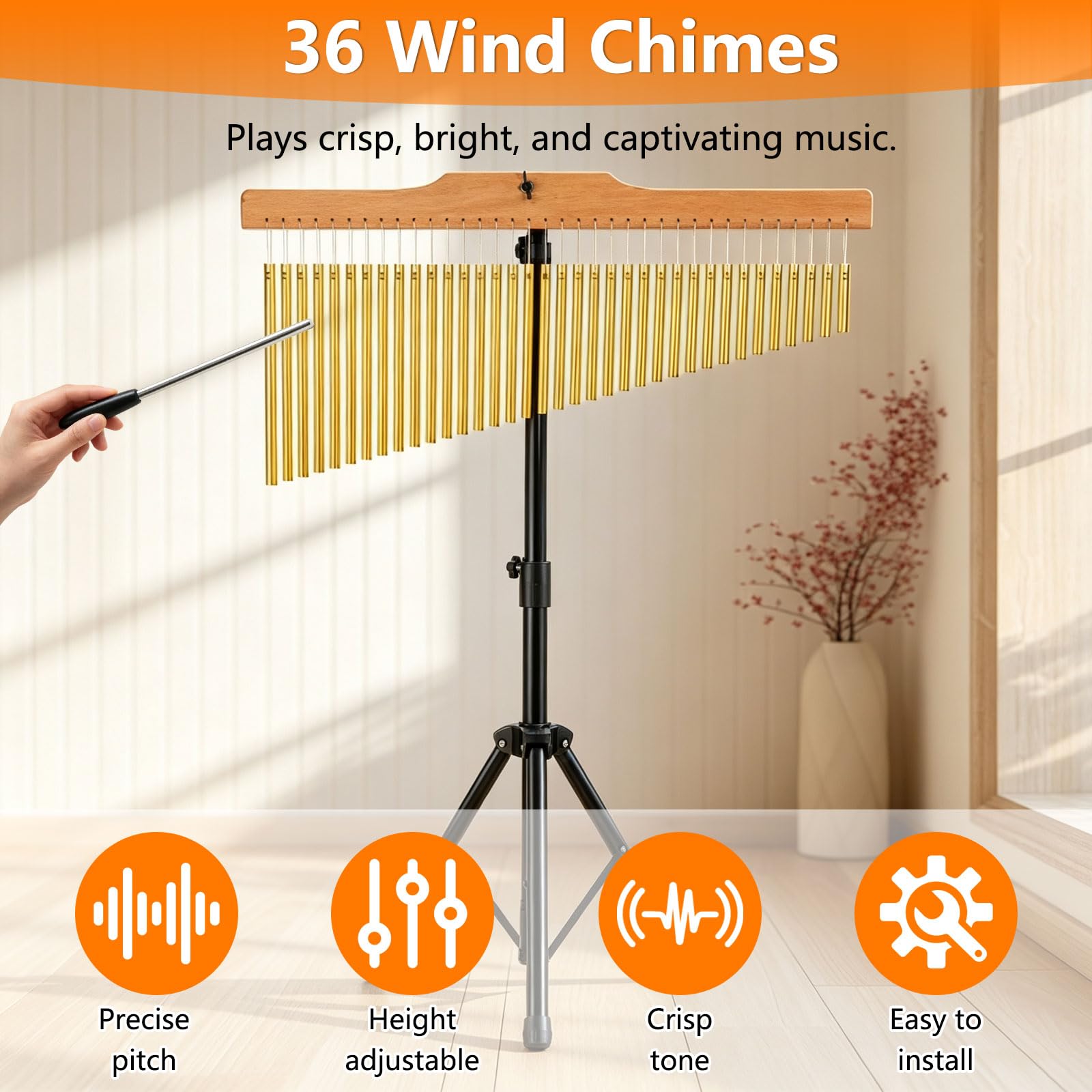 36 Klangstäbe, Percussion Chimes 36 Töne, mit faltbarem Ständer | 72-115cm Einstellbarem Ständer, Holzleiste Schlägel, für Orchester, Chöre, Klassenzimmer, Kirchenbands und Musikaufführungen