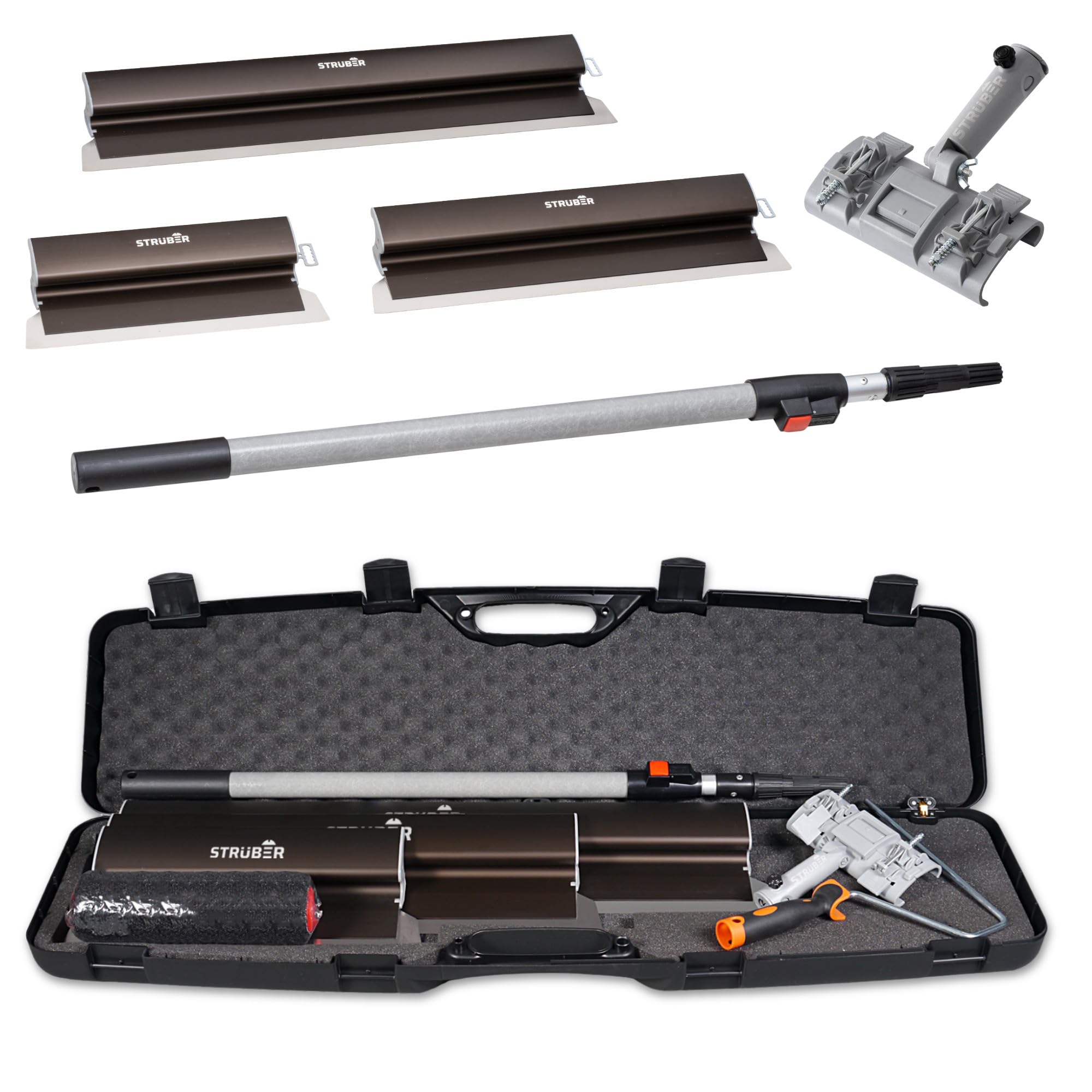 STRÜBER Flächenspachtel Set im Koffer - 3 x Flächenspachtel (400mm, 600mm, 800mm) - Aluminium Teleskopstange - Stielaufnahme - Rollspachtel - Werkzeugkoffer – 7-tlg. SET - Made in EU