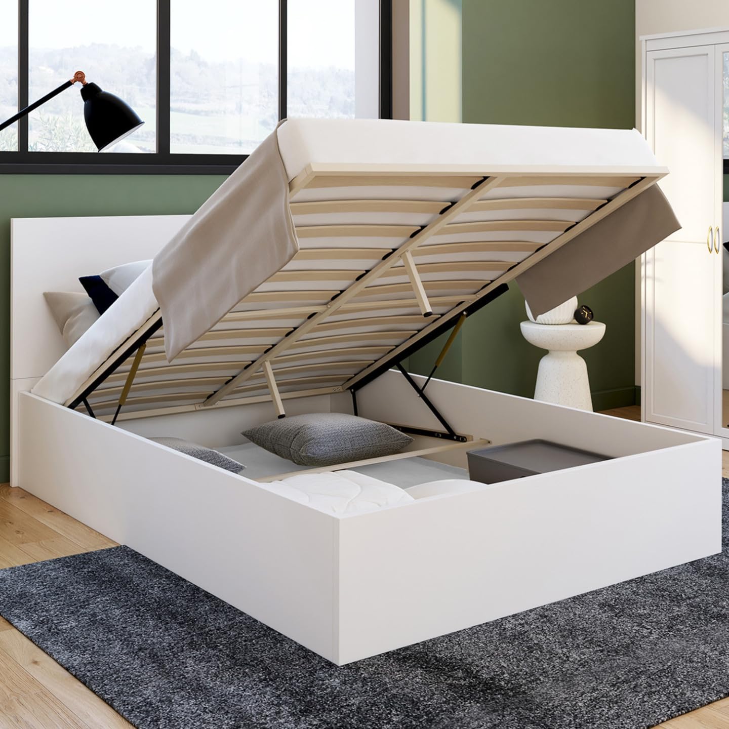 IDMarket - Lit Coffre Double Seaside avec tête de lit et sommier 140 x 190 cm Blanc