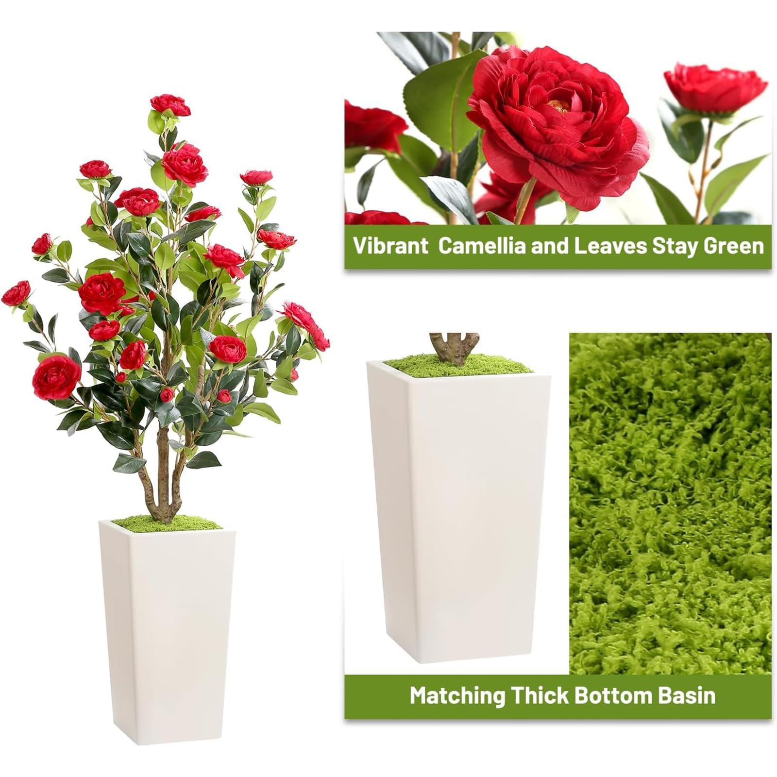 GarveeLife Árbol de Camelia Artificial con Maceta Blanca, 120 cm, Planta Artificial Grande en Maceta, con Hojas y Flores Ajustables, decoración para casa, Boda, Fiesta, jardín, decoración, Rojo