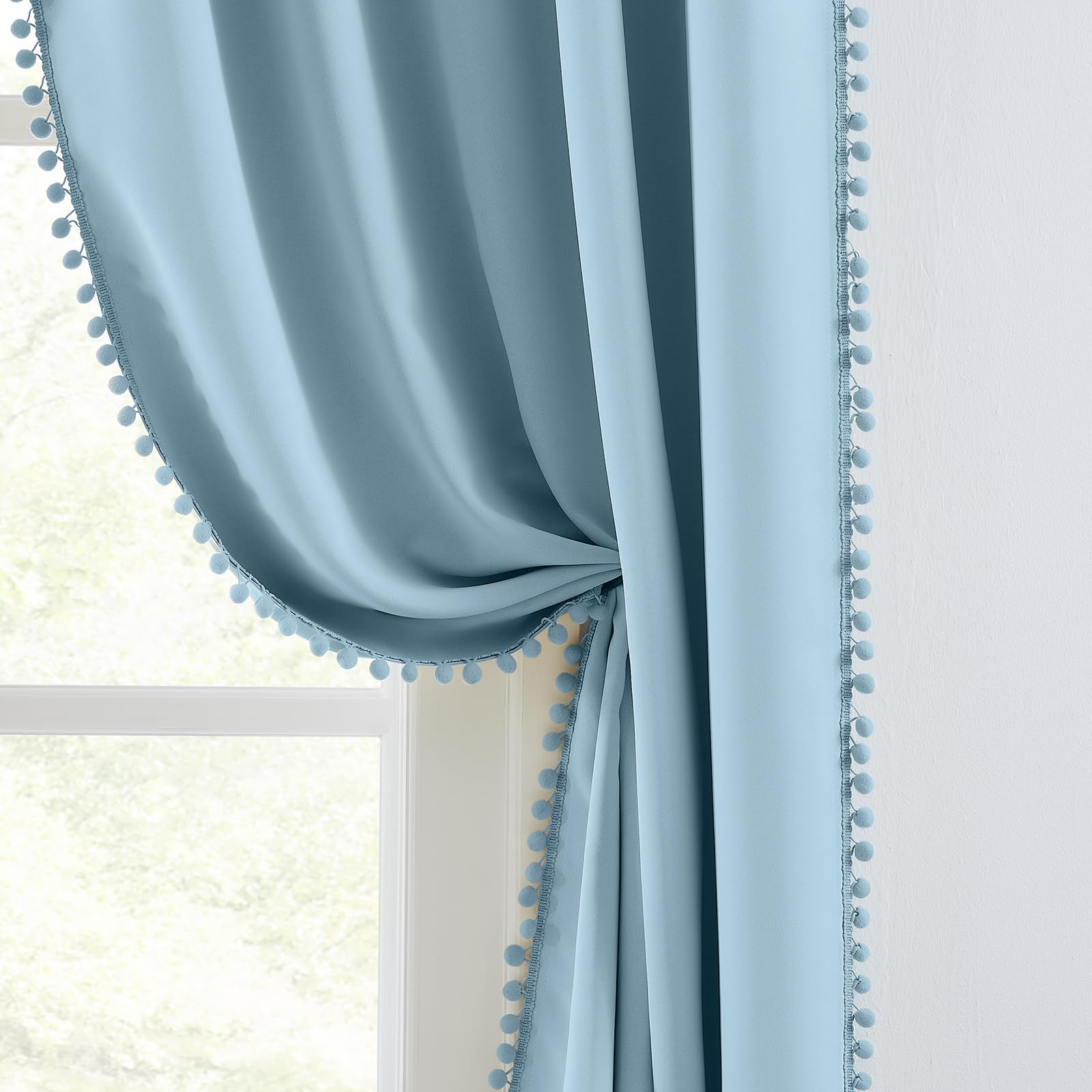 - Melodieux Blue Pom Pom Curtains 84 Inches Long for Bedroom, Living Room Darkening Blackout Boho Curtains 2 Panels, Cotton Textured Thermal Insulated Drapes Rod Pocket for Kids Nursery, 52" W x 84" L