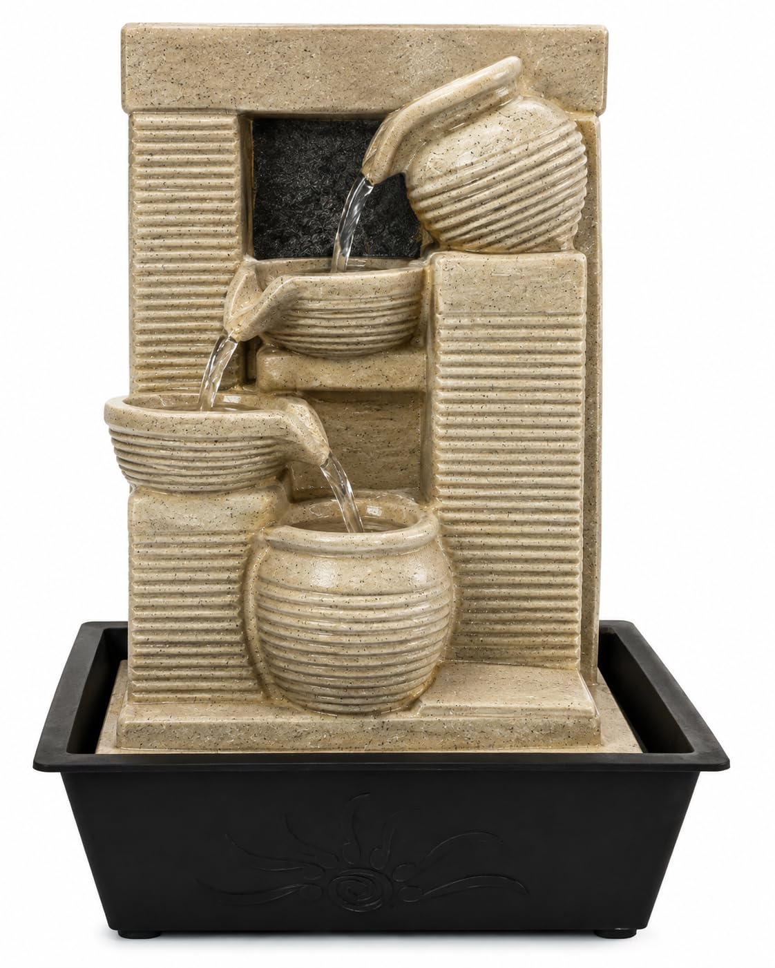 Indoor Tabletop Water Fountain with Cascading Multi-Level Design | Natural Stone-Inspired, Beige Textured Finish, Black Contrast Base, Soothing Water Flow, Home & Office Décor-image-6