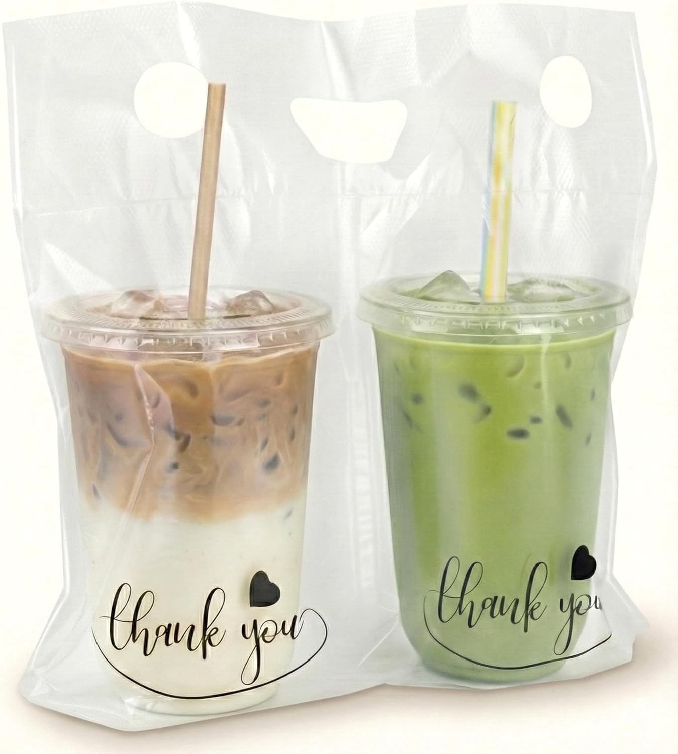 200 pcs Drink Carrier Bags - Clear Plastic Cup Holder Bags with Handle - Heavy Duty 2-Cup Carrier Fits 32oz Drinks - 14" Wide Design for Food Delivery, Catering, Hot or Cold Beverages