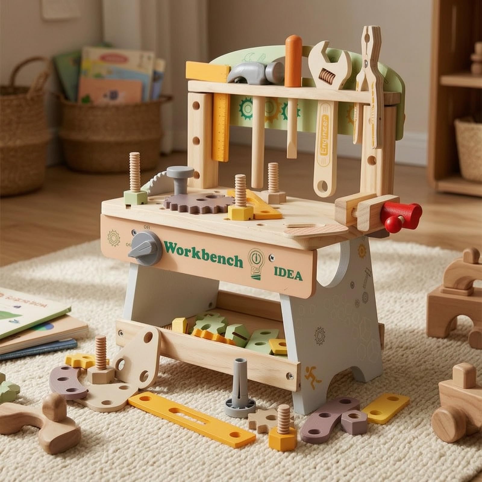 Établi en Bois Robuste Établi Jeu avec Outils Jeu D'imitation Bricolage pour Tout-Petits