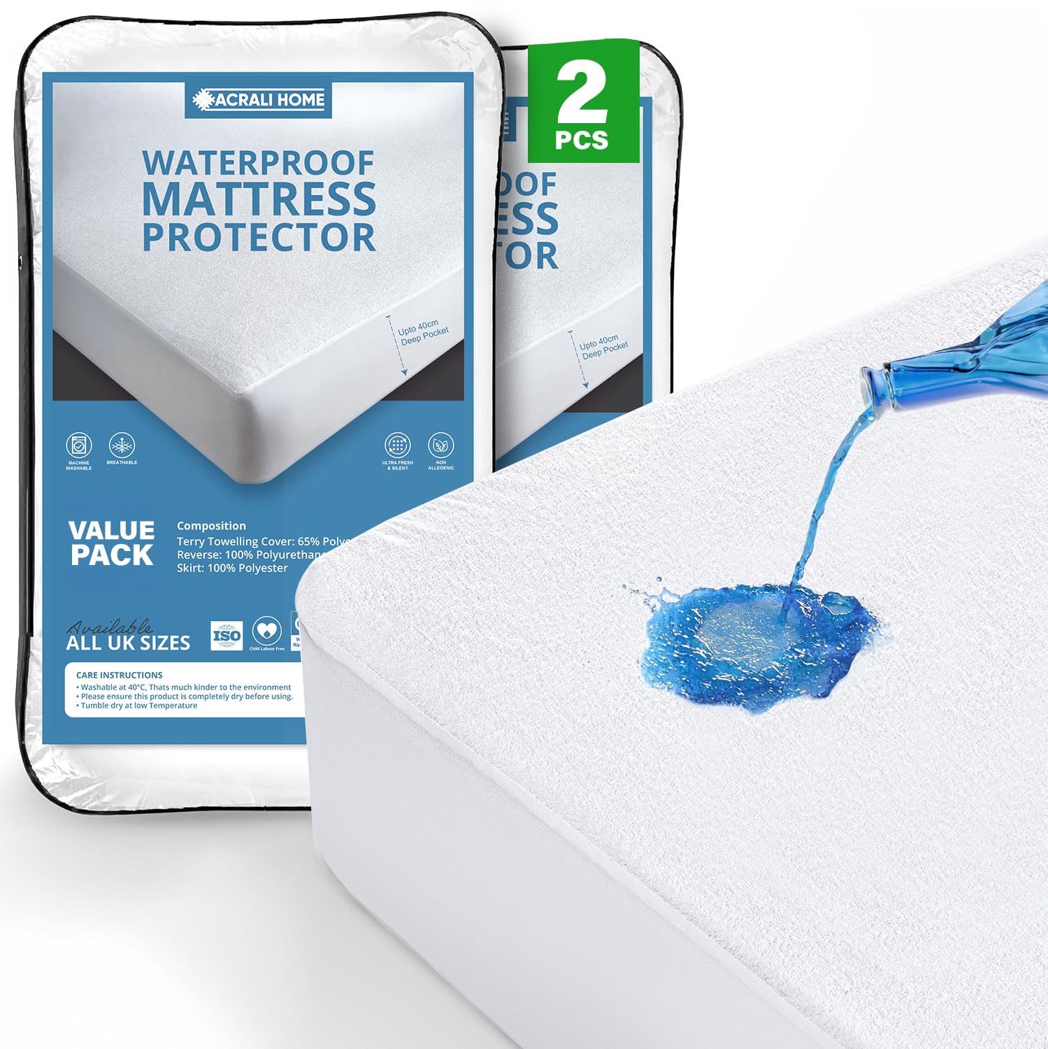Acrali Home 100% Waterproof Mattress Protector - Non Noisy, Terry Cotton, Allergy-Free, Extra Deep 40cm Fitted Skirt - Super Absorbent & Machine Washable Covers (2 Pack Small Double (122x190+40cm))