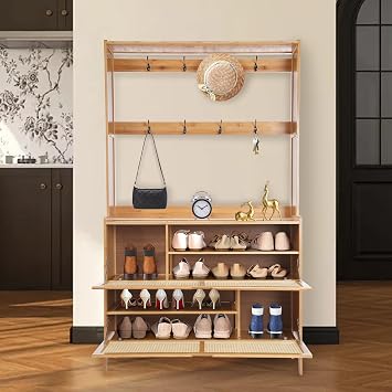 Hall Tree with Shoe Storage, Bamboo Coat Rack Freestanding with 8 Hooks, Multi-Functional Shoe Rack for Entryway,Hallway, Bedroom