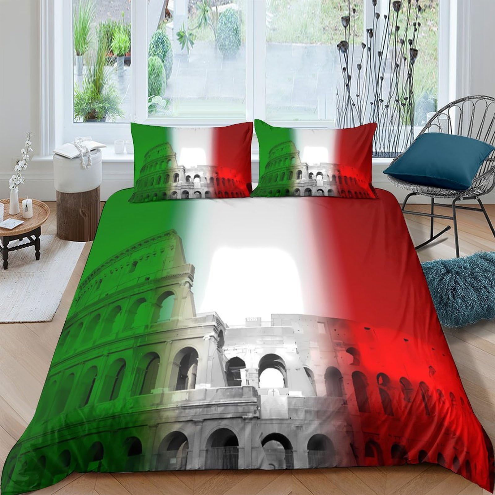 GPLZQXKJNH 3D Printed Italian Flag Colosseum Duvet Cover Microfiber Soft Breathable Bedding Set with 2 Pillowcases for Bedroom Decor Single（135x200cm）
