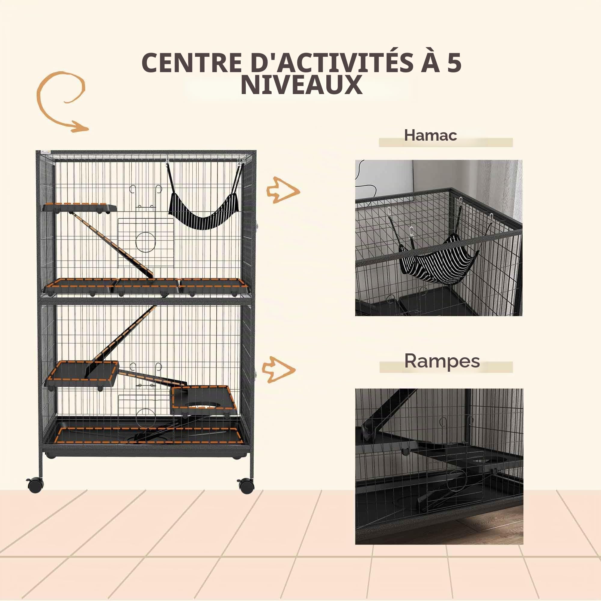 PawHut Cage pour Petits Animaux 4 Niveaux Cage pour rongeurs avec Roues, rampes, hamac Suspendu et Plateau Amovible Enclos pour Lapins Chinchillas Furets 80x52x128 cm Gris foncé