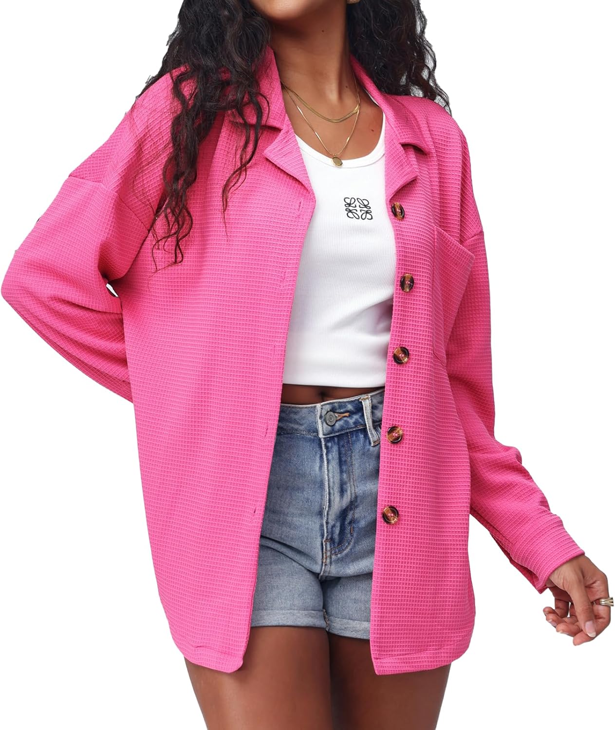 Womens Waffle Knit Shacket Jacket Oversized Casual Long Sleeve Button Down Shirts Dressy Blouses Tops with Pocket - Image 5