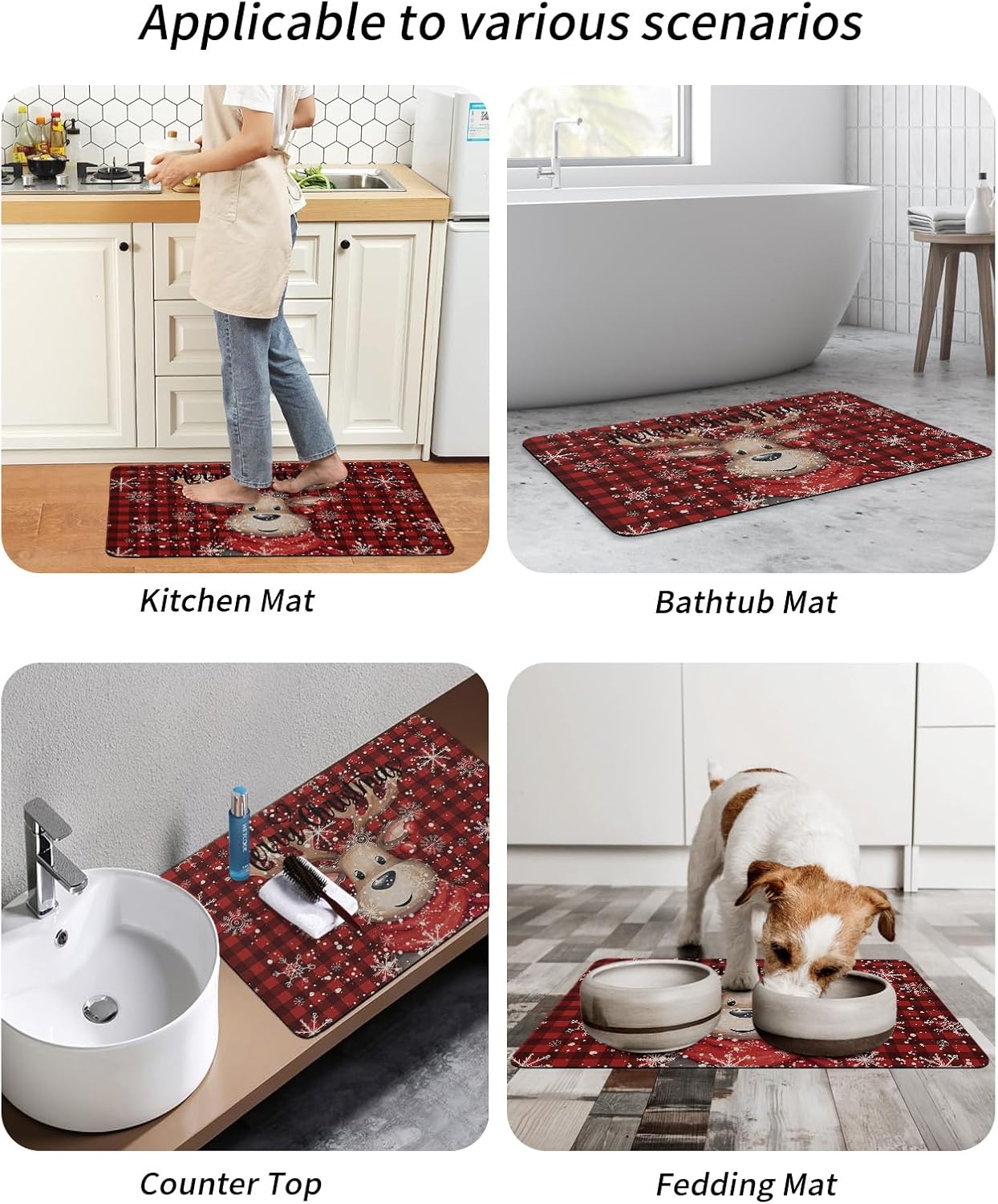 Christmas Elk Diatomite Bath Mat for Bathroom, Winter Snowflake Buffalo Plaid Red Super Absorbent Floor Mat Washable Quick Drying Diatomaceous Mat for Bathroom Shower Sink Floor Runner Rugs 24x36