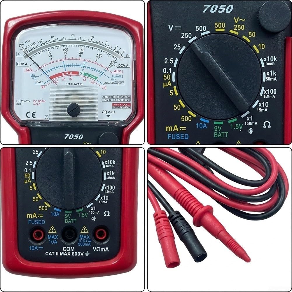 KT7050 Analog Multimeter mit Spiegel-Skala - Präzises Zeiger-Messgerät für Spannung & für strom bis 600V/10A, Manuelles Widerstandsmessgerät 20MΩ für Elektriker
